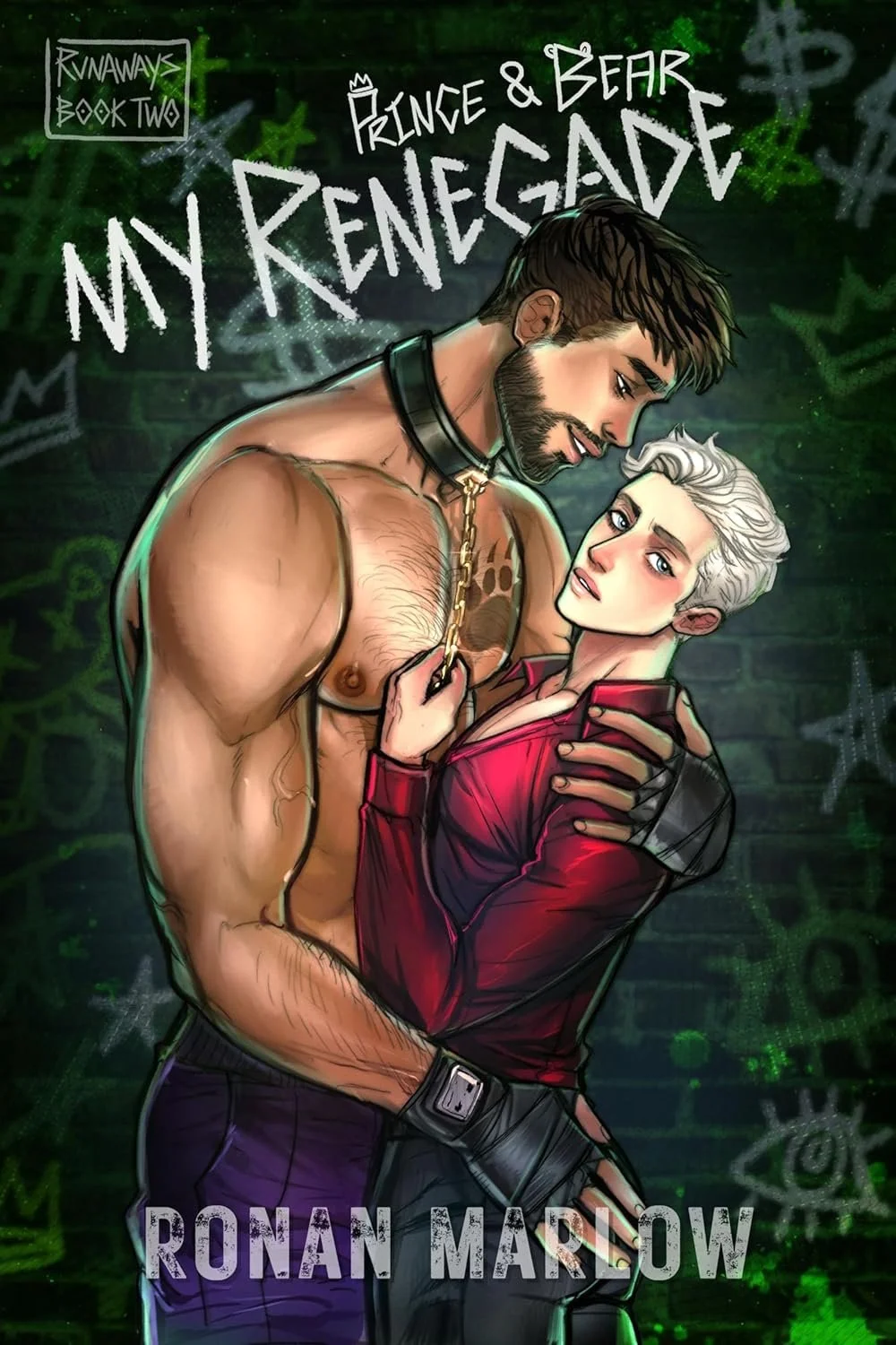 Book cover for 'My Renegade Prince & Bear' by Ronan Marlow featuring a digital illustration of a shirtless man with a beard and a woman with platinum blonde hair, dressed in a red jacket, embracing each other against a graffiti background.