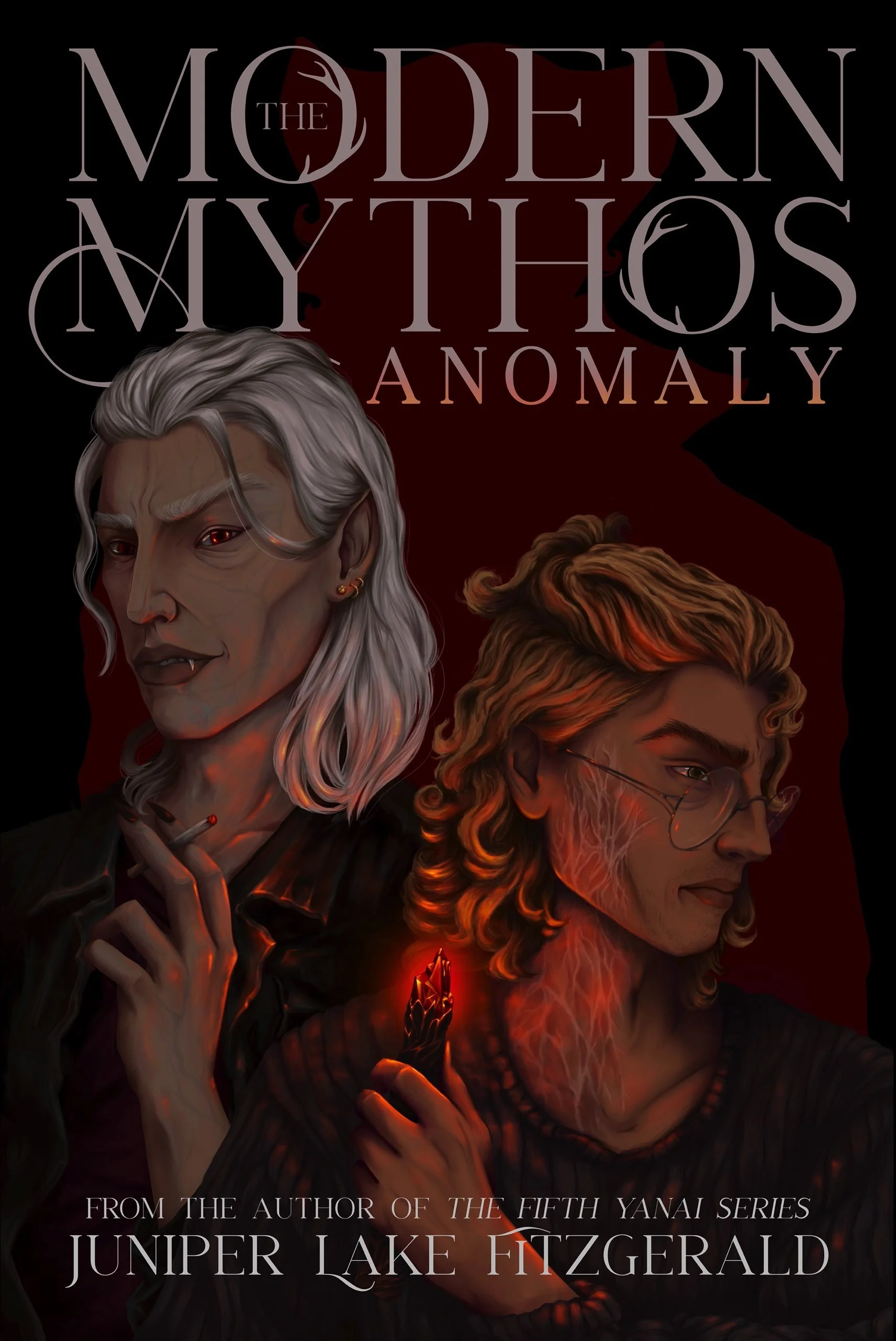 Book cover titled "The Modern Mythos: Anomaly" featuring two characters with supernatural appearances. The character on the left has long white hair, pale skin, red eyes, and a cigarette, while the character on the right has curly blonde hair, glasses, and a glowing red crystal in hand.