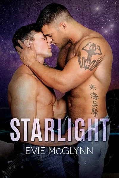 Book cover titled "Starlight" by Evie McGlynn, showing two shirtless men with their foreheads touching, one with a scorpion tattoo on his arm, set against a starry night sky background.