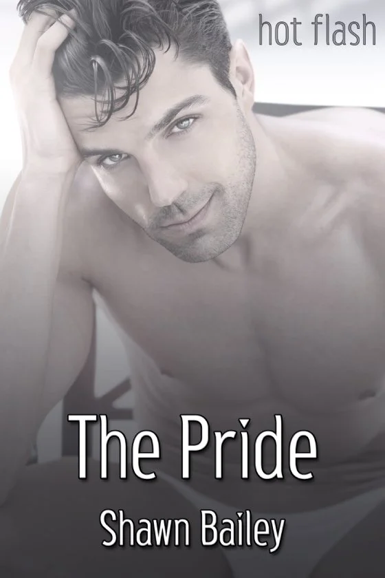 A shirtless man with styled dark hair and blue eyes looking at the camera, resting his head on his hand, on a book cover titled "The Pride" by Shawn Bailey, with the words "hot flash" in the upper right corner.