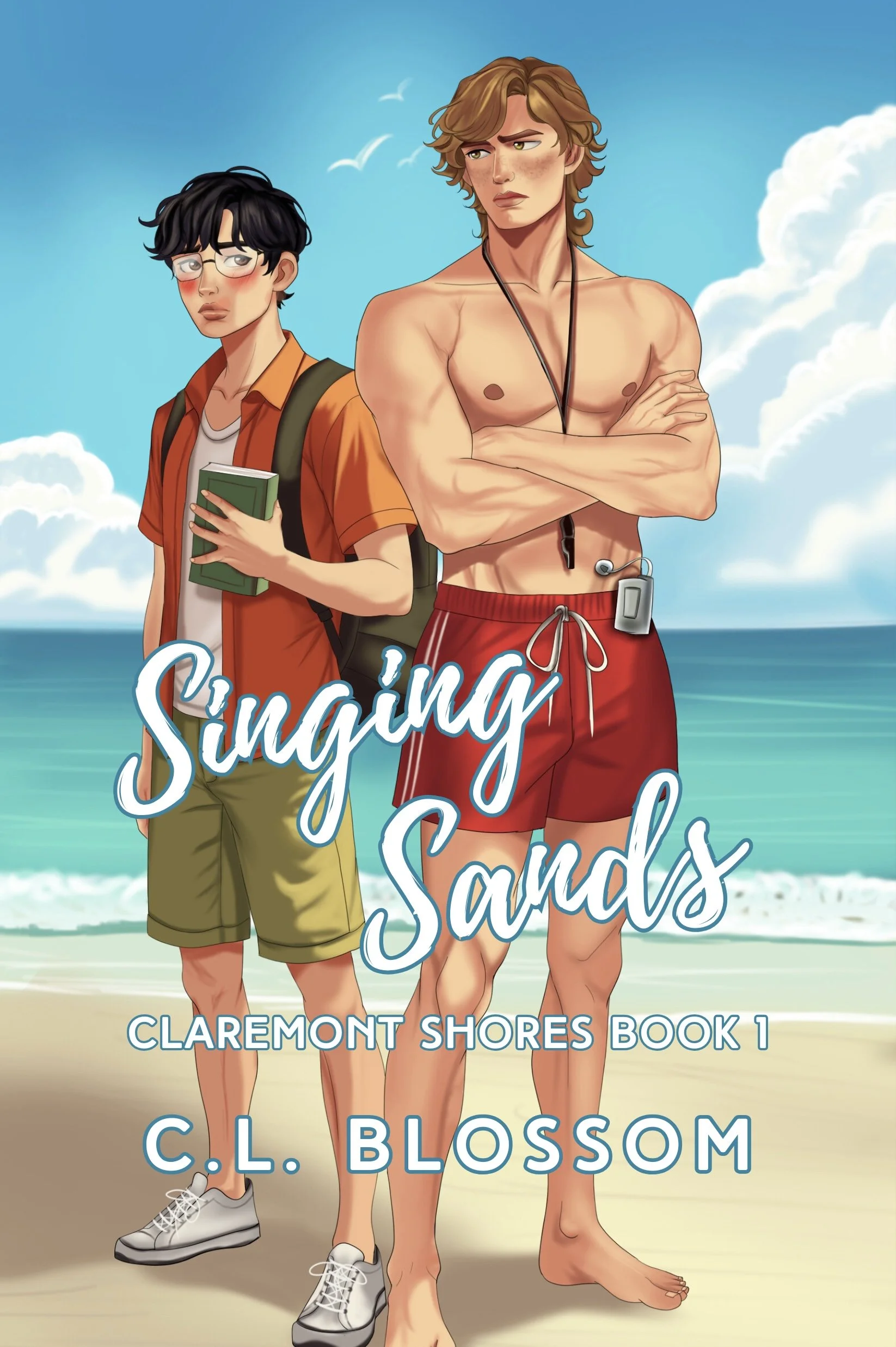 Two young men standing on a beach with waves and clouds in the background, one shirtless with crossed arms and the other wearing glasses, an orange shirt, and holding a green book.