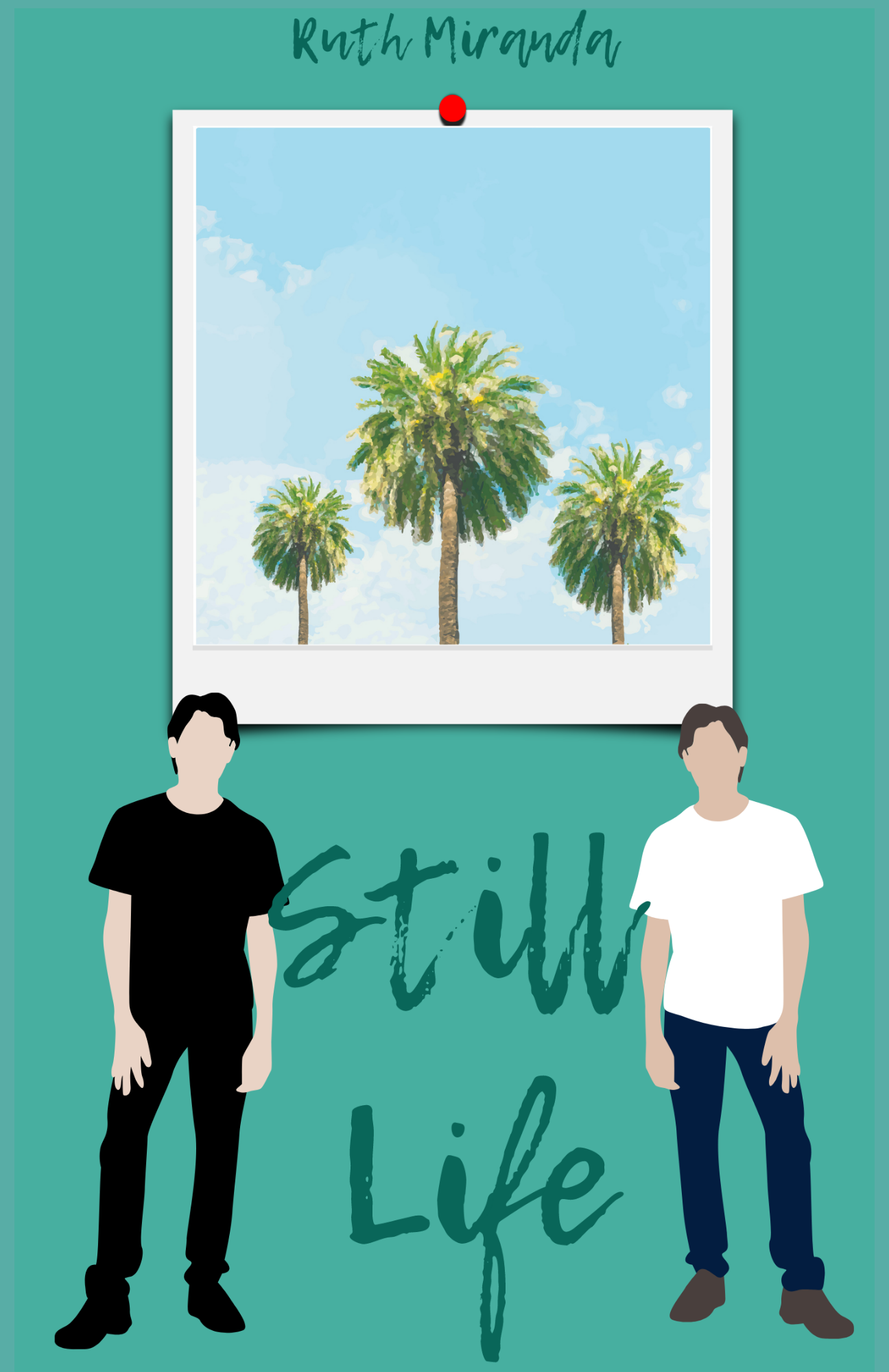 Digital illustration of two young men standing in front of a wall with a framed photo of palm trees and the words 'Stuck in Life' written on the wall.