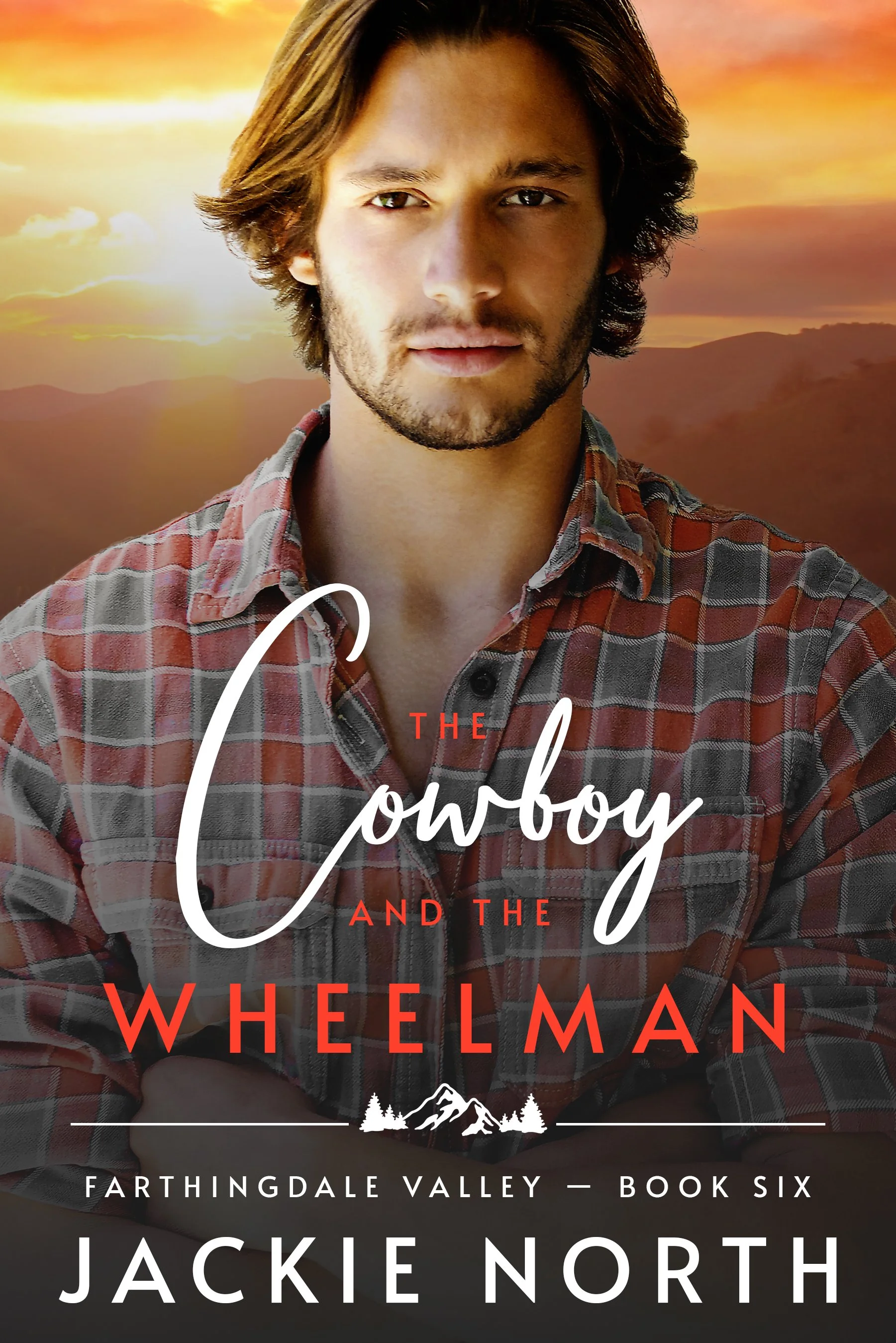 Close-up of a young man with medium-length brown hair, a beard, and a plaid shirt, standing in front of a sunset over mountains and trees in a landscape setting. The image appears to be part of a book cover titled 'The Cowboy and the Wheelman' by Jackie North.
