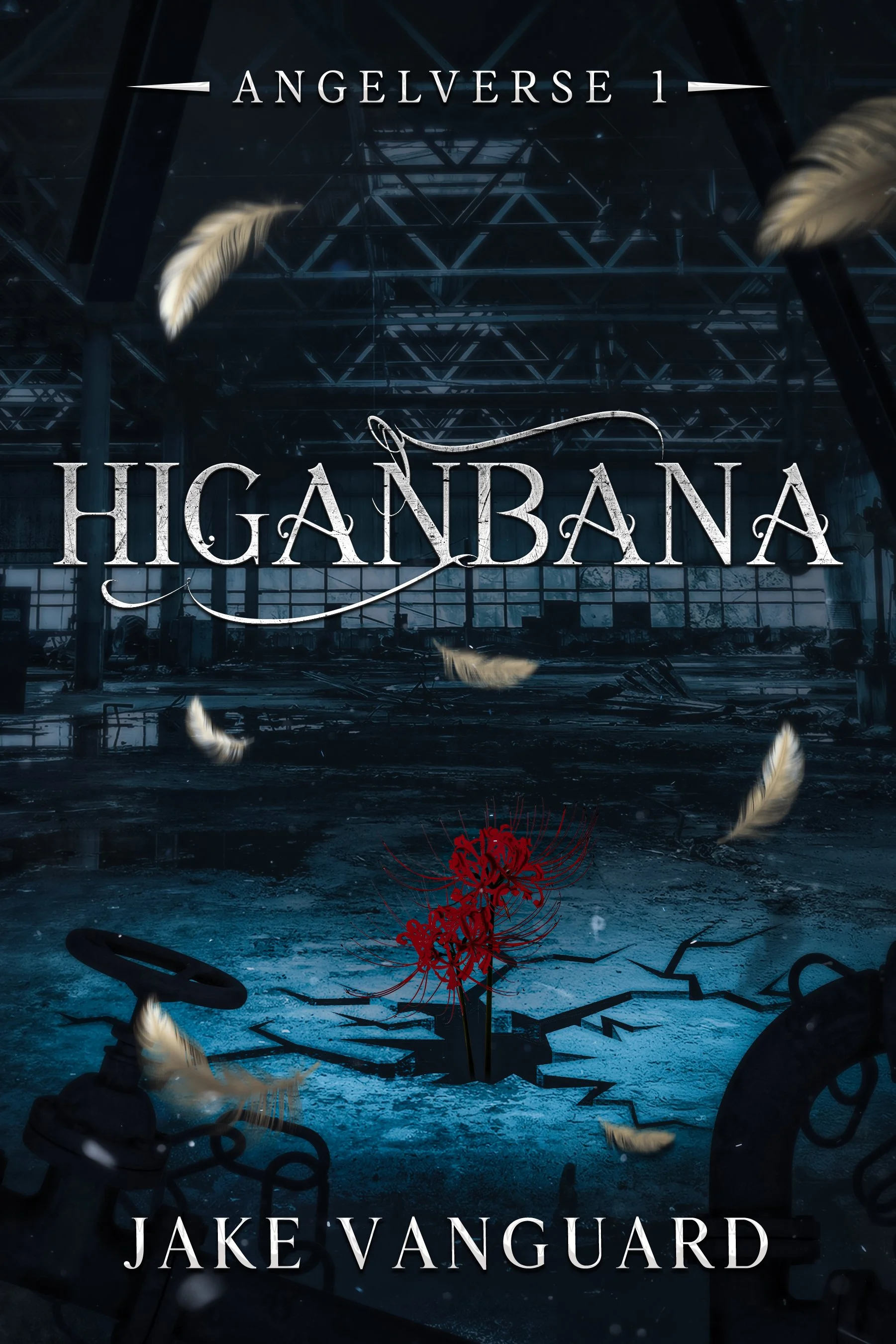 Book cover for 'Higanbana' by Jake Vanguard, set in a dark, abandoned industrial building with debris and a hole in the ground containing red flowers, with feathers floating around.