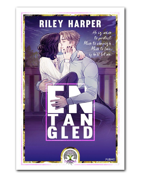 Book cover titled "Entangled" by Riley Harper showing a romantic scene of a man and woman kissing, sitting on a bench with a night sky background, featuring purple and gold accents.