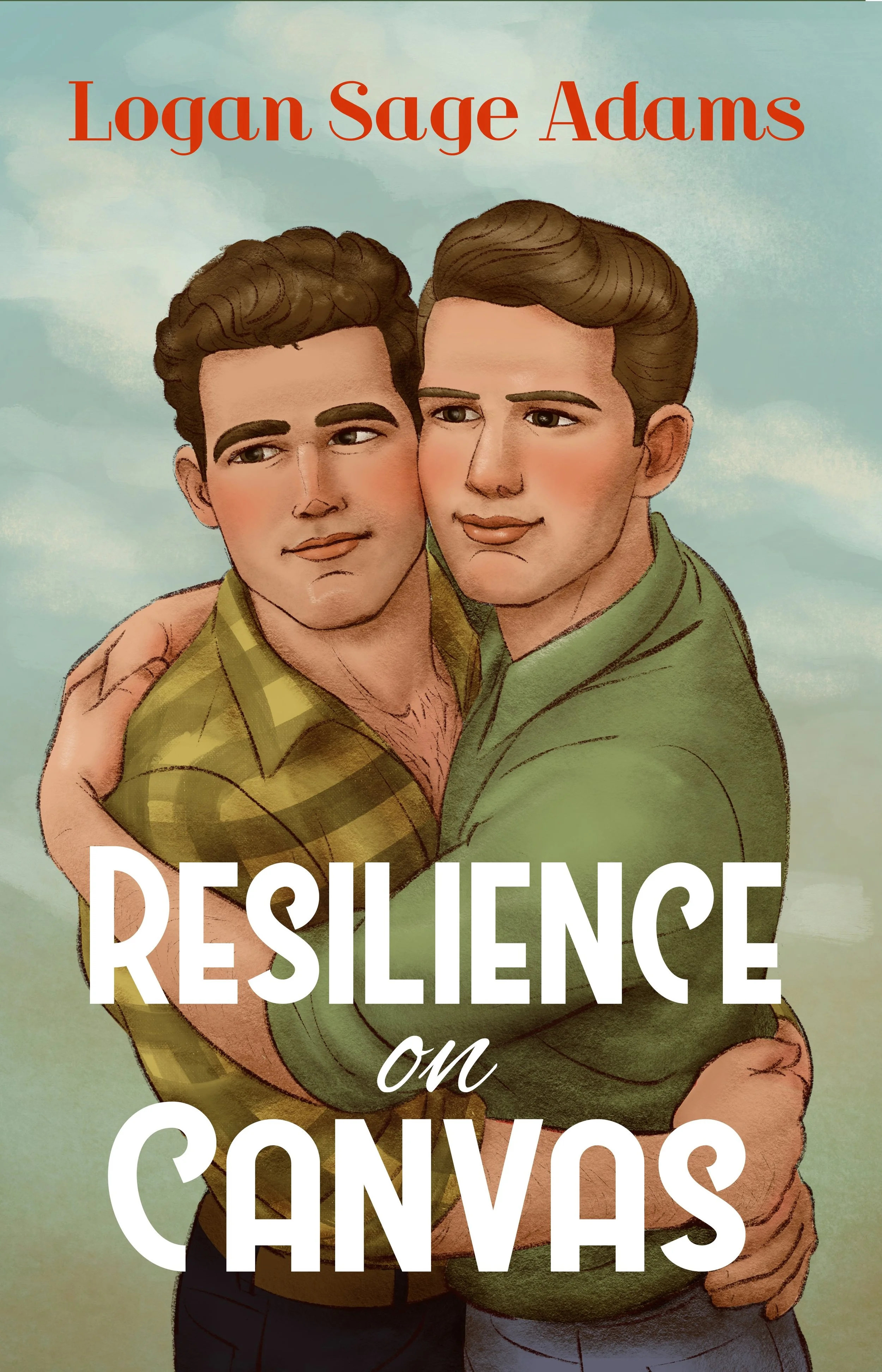 An illustrated book cover featuring two men hugging, with the title 'Resilience on Covvios' and the author's name 'Logan Sage Adams' at the top.