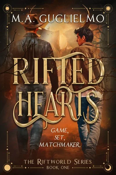 Book cover for 'Rifted Hearts' by I.M.A. Guglielmo. Features two young men walking in a fantasy landscape with a glowing mountain and mystical sky. Dark, moody colors with magical and adventure themes.