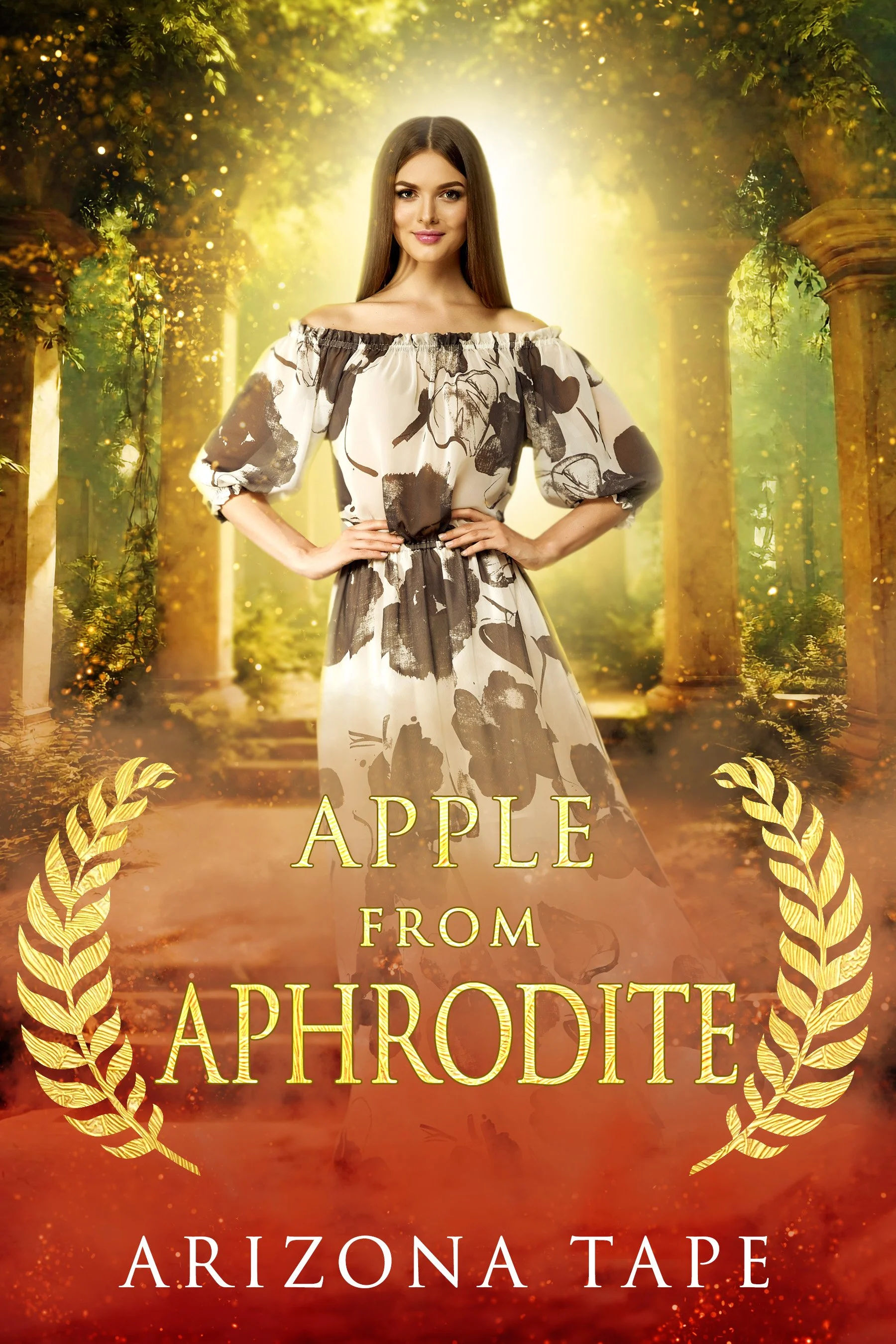 A woman in a floral dress standing with hands on hips in front of a glowing, golden, ancient Greek temple-like background with lush green trees, promoting the movie "Apple from Aphrodite: Arizona Tape."