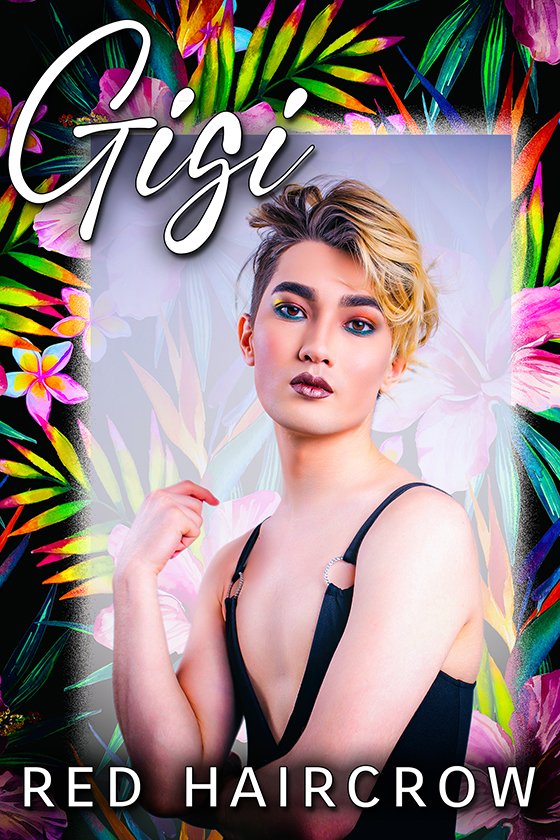 A woman with short, blonde hair and bold makeup posing against a colorful, tropical floral background. The text reads 'Gigi' and below it 'Red Haircrow'.