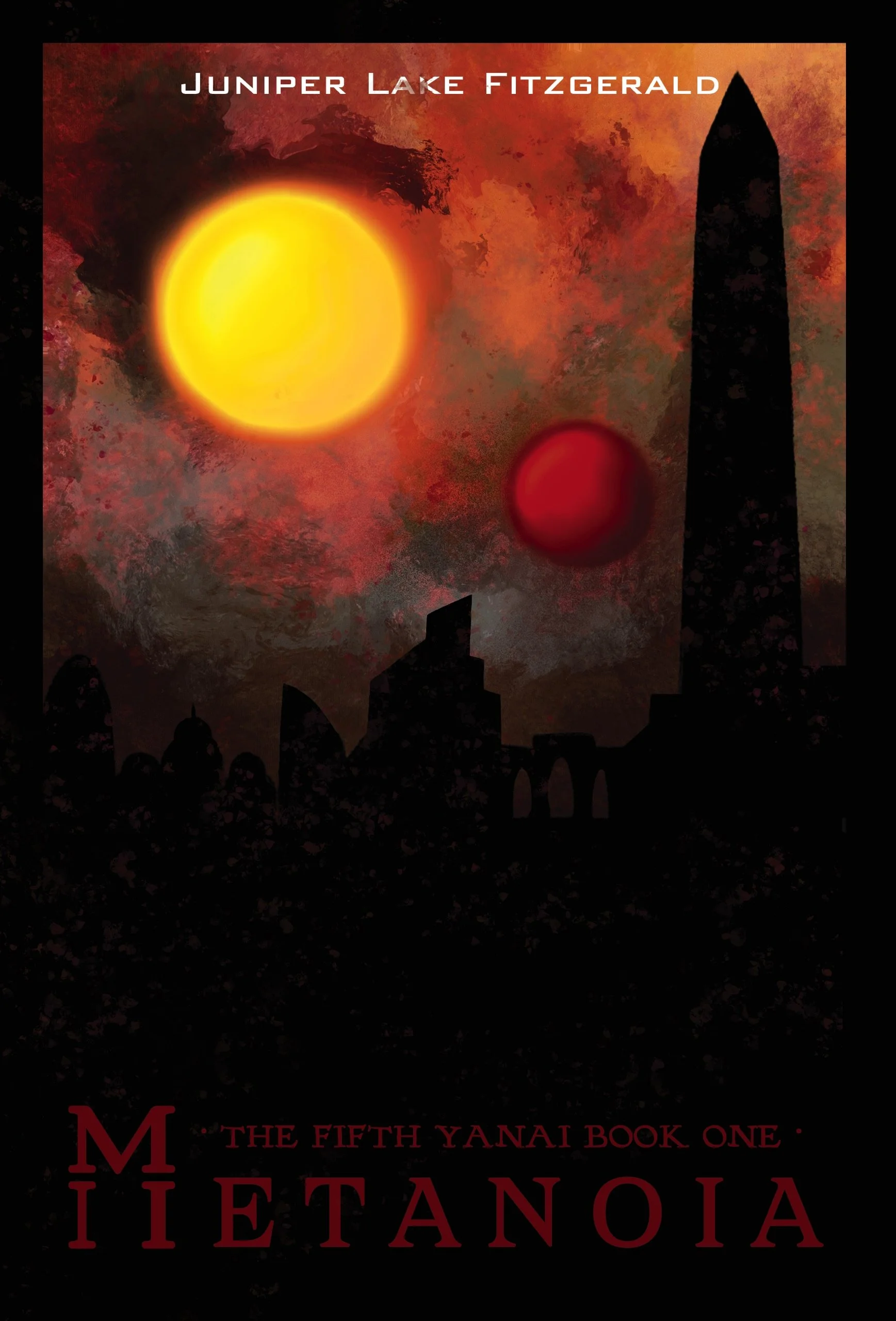 A book cover titled "Metanoia," part of The Fifth Yanai series. The cover features a silhouette of a city skyline with tall, dark buildings, set against a space scene with two planets: a large yellow one and a smaller red one. The background has a mixture of red, orange, and brown hues, resembling a cosmic or alien environment.