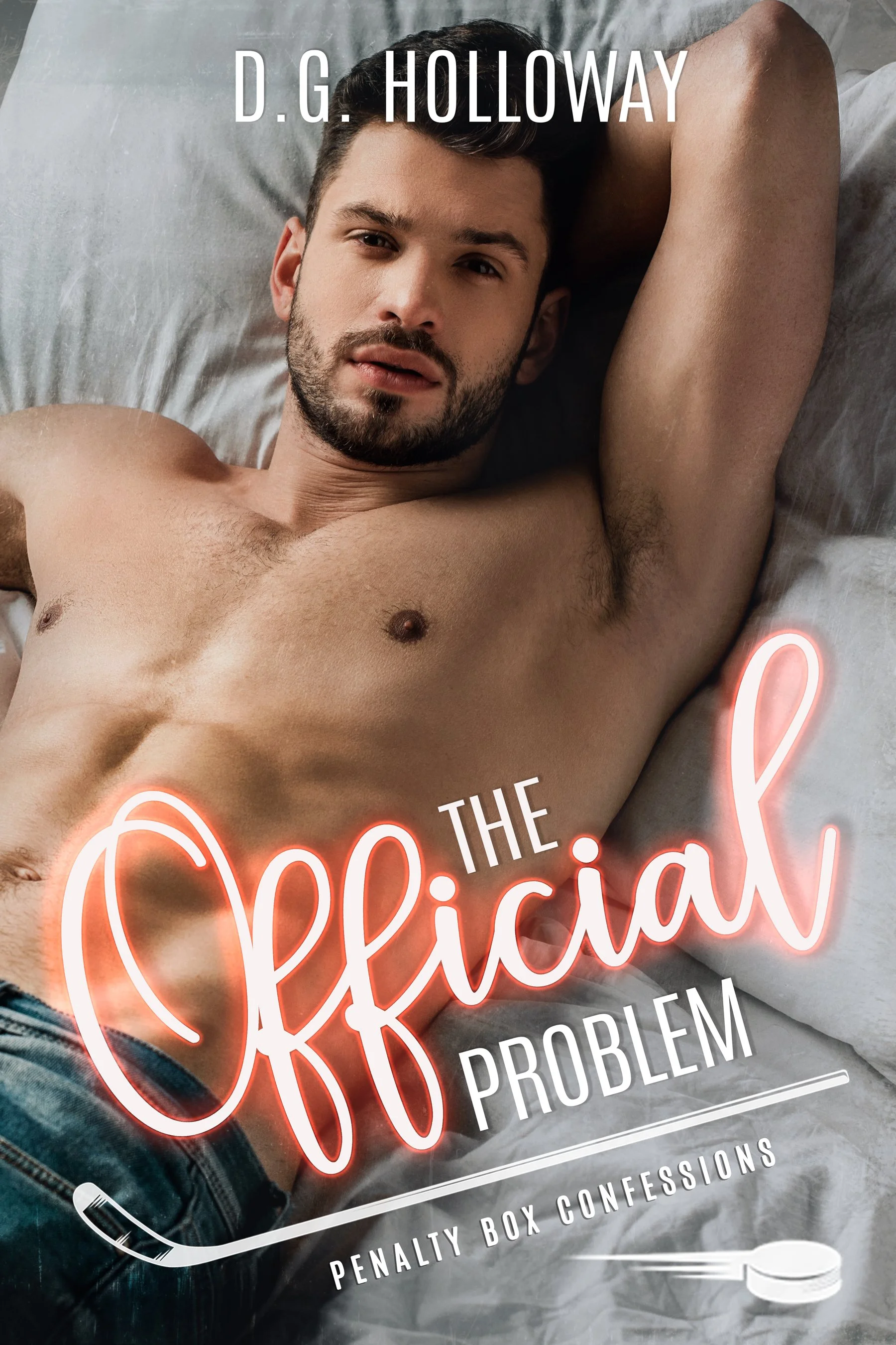 A shirtless man lying on a bed with text overlay reading 'The American' and 'Penalties' and a hockey stick and puck.