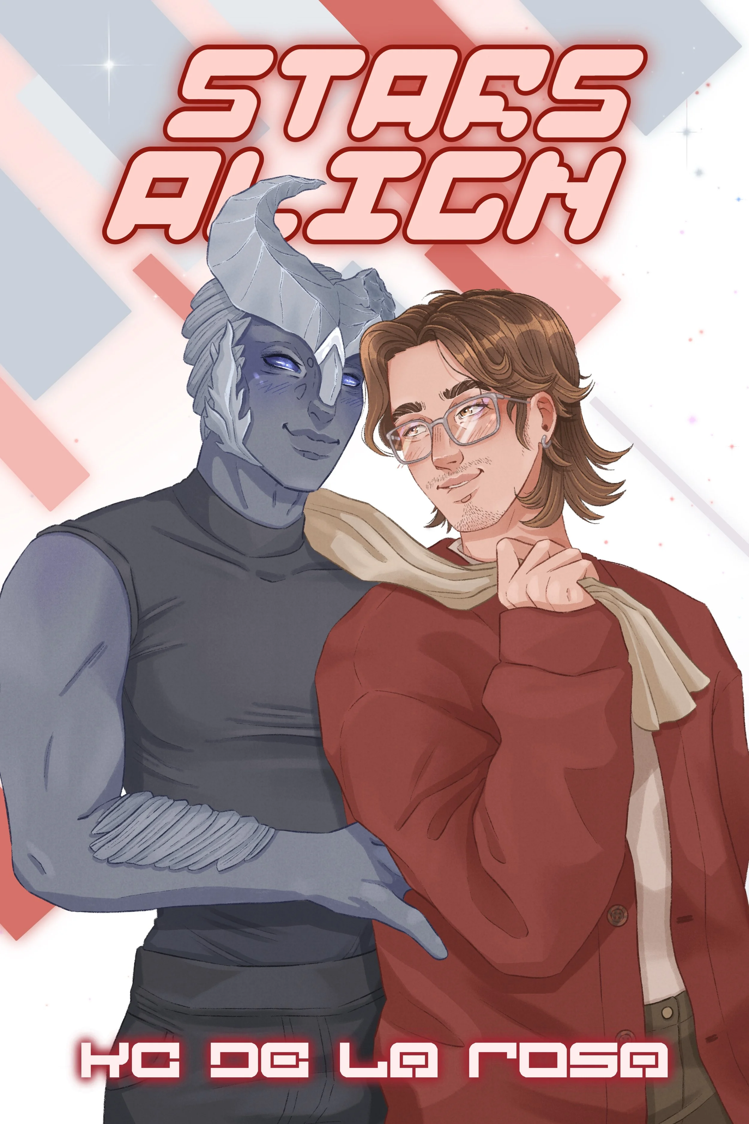Illustration of two characters: one is a blue-skinned humanoid with horns and sharp features, and the other is a young man with glasses, brown hair, and a red jacket. They are posing closely with a glowing, retro-style title reading 'Stars and A.I.C.H.' and the authors 'HC DG La Rosa' at the bottom.
