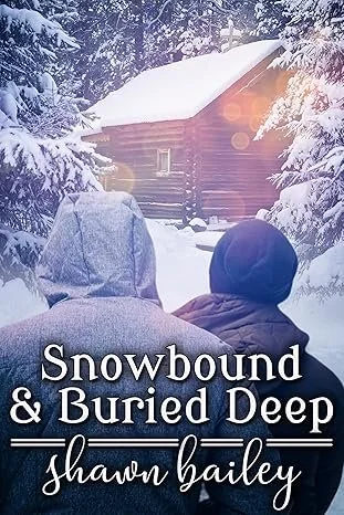 Two children sit on the snow, looking at a snow-covered cabin in a winter forest.