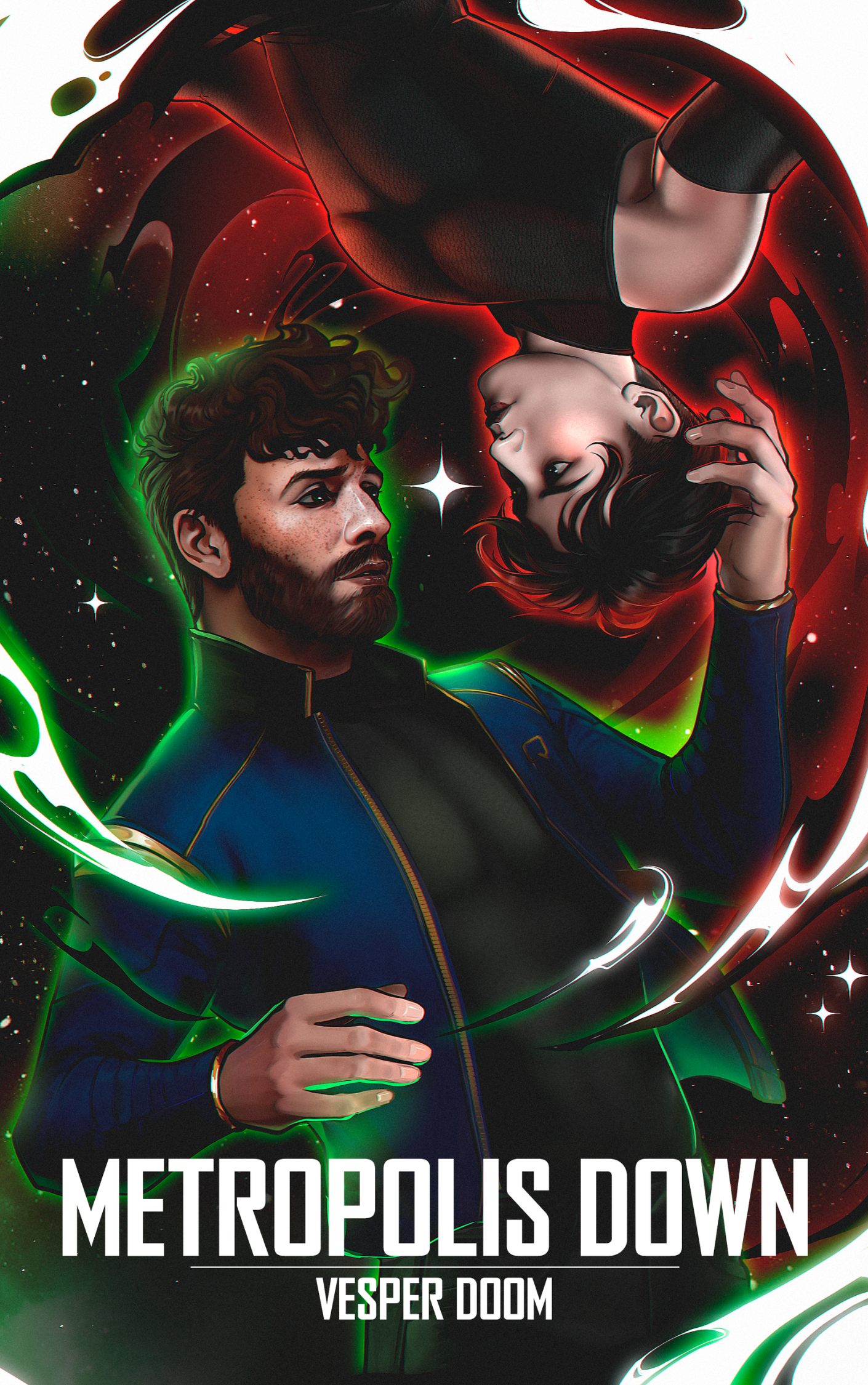 Digital art poster for the game "Metropolis Down" featuring a female character with short dark hair and a male character with a beard and curly hair, both in space-themed surroundings with neon lights and cosmic elements. The message "Metropolis Down" and "Vesper Doom" are written at the bottom.