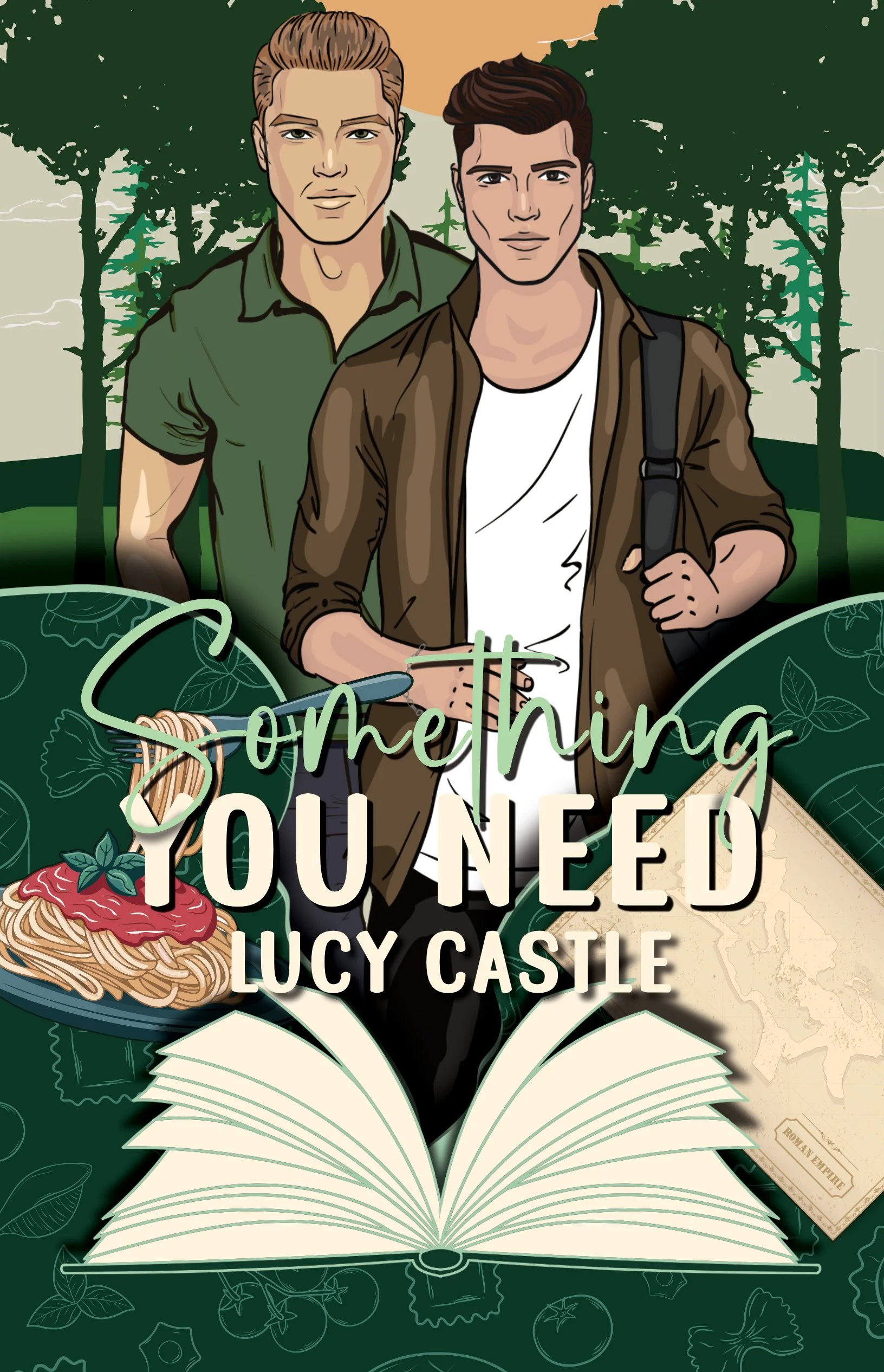 Illustration of two young men standing outdoors in a forested area with mountains in the background, with text overlay that says 'Something you need Lucy Castle'.