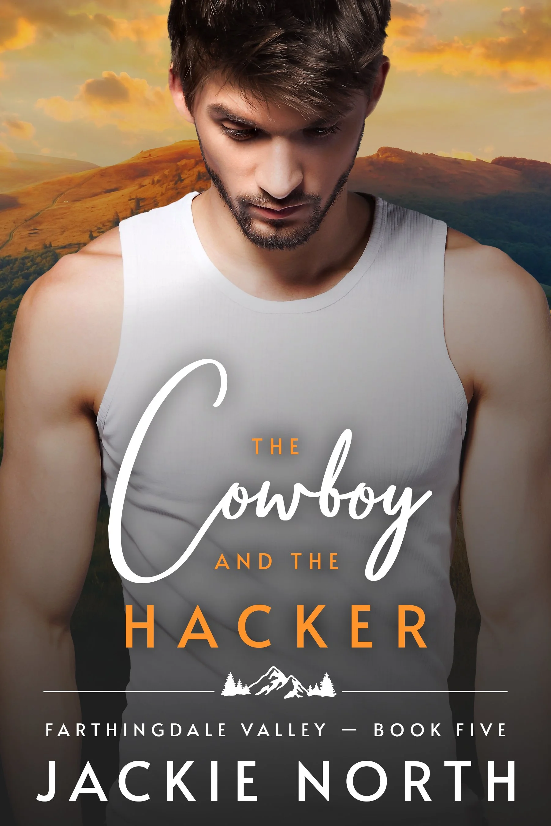Book cover featuring a young man with dark hair and beard, looking down, wearing a white sleeveless shirt. Background has a colorful sunset over rolling hills and mountains. The title reads "The Cowboy and the Hacker" and the author is Jackie North. It is part of the "Farthingdale Valley" series, book five.