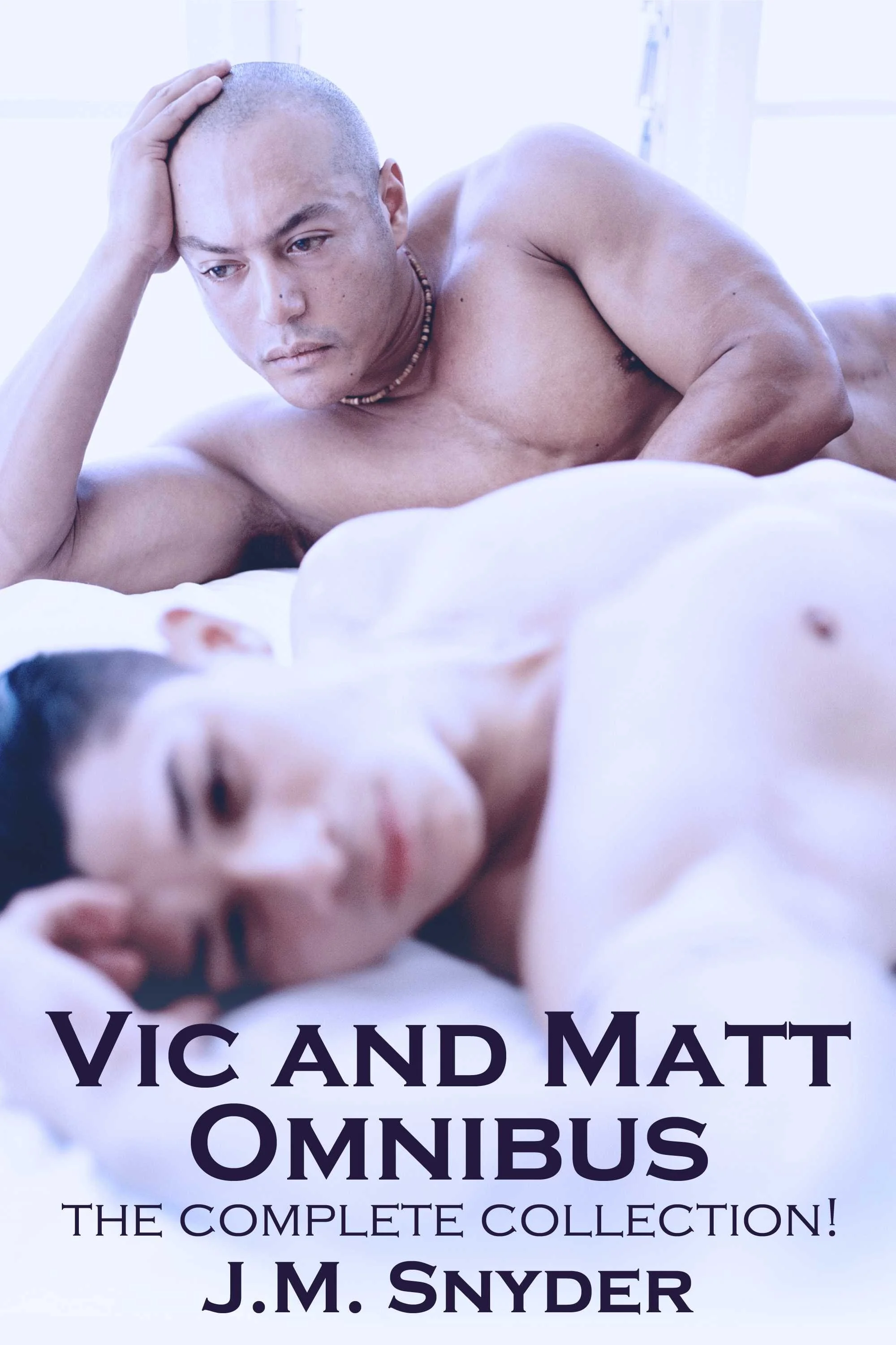Book cover titled "VIC AND MATT OMNIBUS" with a shirtless man lying on a bed, resting his head on his hand, looking thoughtful. The subtitle reads "The Complete Collection!" and "J.M. Snyder" is the author's name.