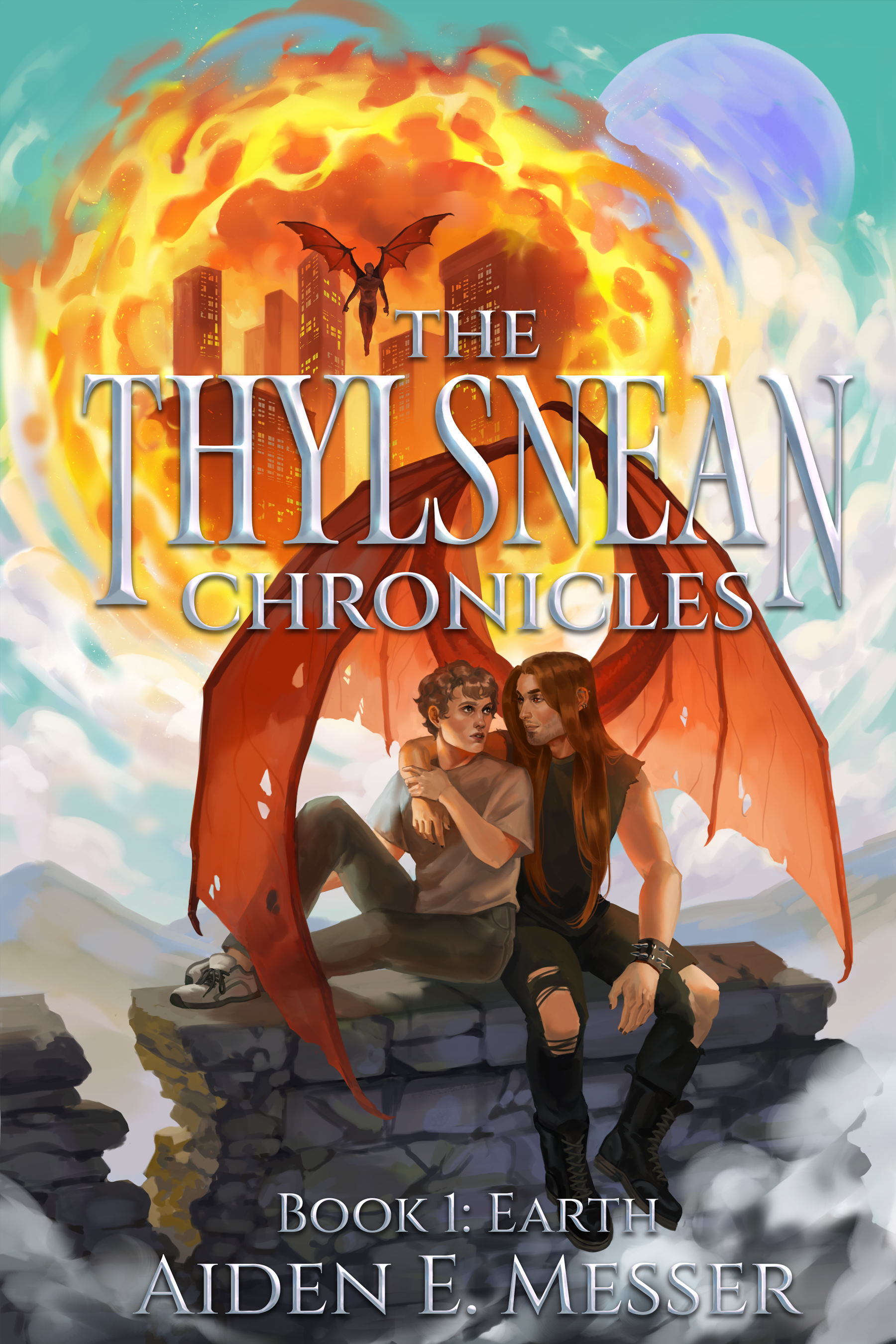 A fantasy book cover titled 'The Thysanen Chronicles: Book 1 - Earth' by Aiden E. Messer features two young people sitting on a rocky ledge with a large red dragon behind them. The dragon's wing forms an arch over a city skyline with a fiery, explosive sky and a large planet in the background.