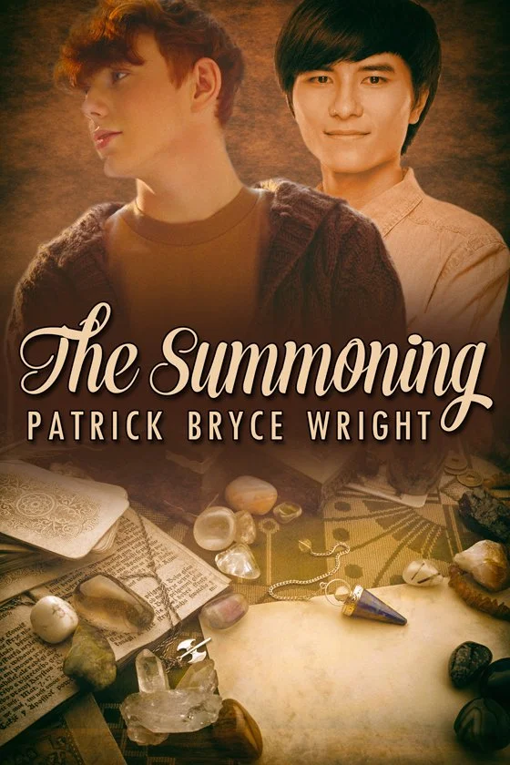 Cover of a book titled "The Summoning" by Patrick Bryce Wright, featuring two young men against a dark background, with mystical objects like crystals, a dagger, and stones spread on the table in front.