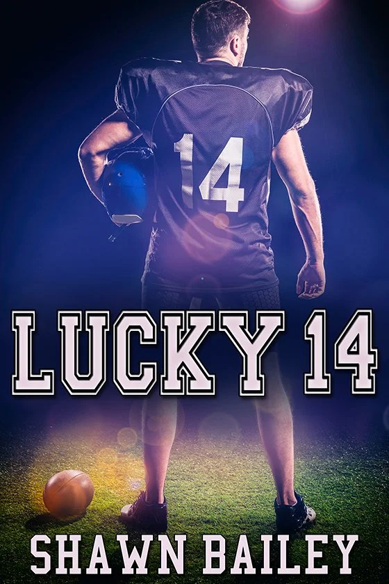 Back view of a football player in uniform holding a helmet, standing on a field with a football and a glowing light behind him, with the text "LUCKY 14" and "SHAWN BAILEY".