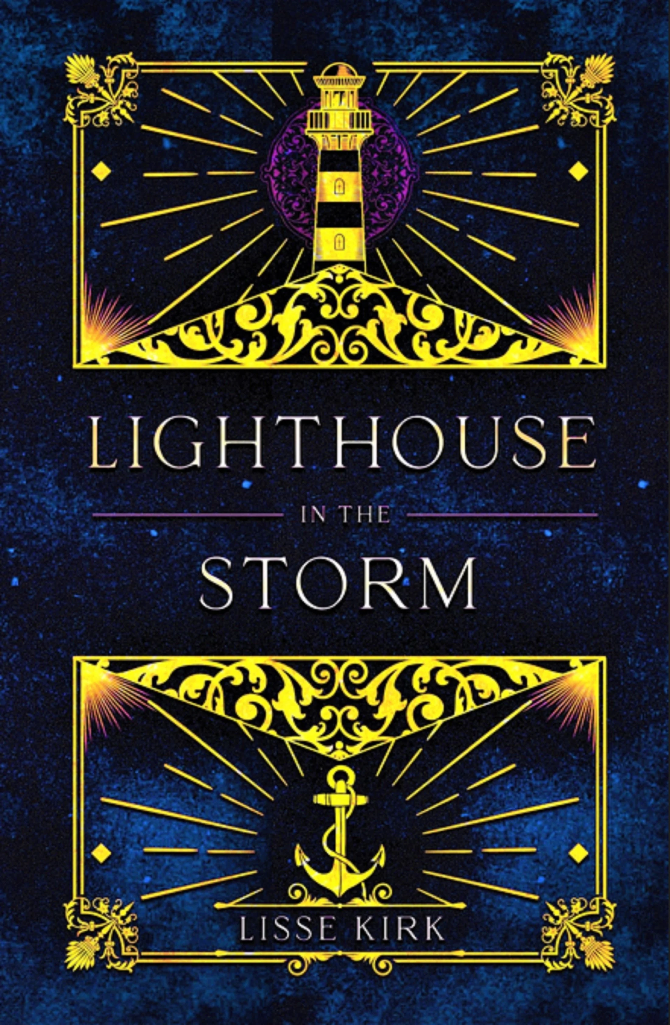 A book cover for 'Lighthouse in the Storm' by Lisse Kirk features a dark blue starry background with yellow and purple lighthouse and lighthouse lantern designs, along with an anchor symbol and decorative borders.