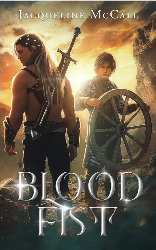 A promotional poster for a fantasy film featuring two characters, a woman with long hair and a sword on her back, and a young man holding a shield. The background shows a dramatic, fiery sky and rocky landscape.