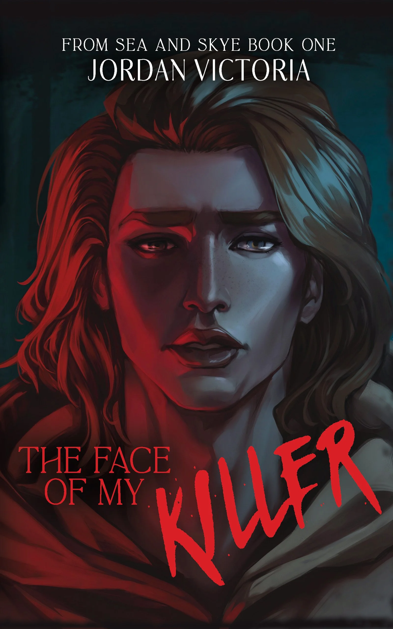 Illustration of a woman with long hair and a serious expression, with the title 'The Face of My Killer' in red and black text.