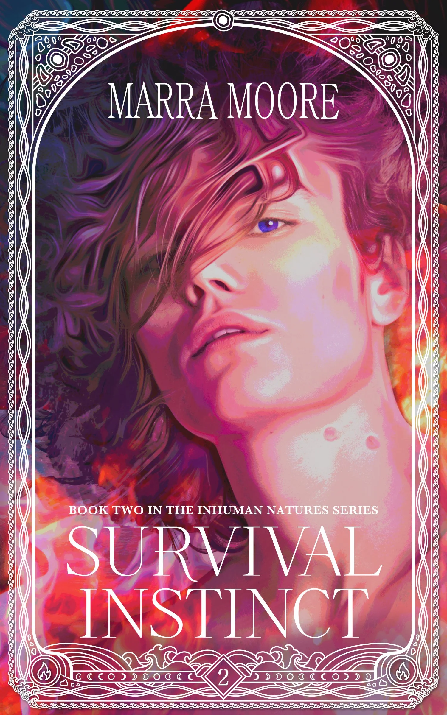 Book cover featuring a portrait of a woman with wavy hair and blue eyes, with intricate white decorative borders and text indicating it is the second book in the Inhuman Natures series titled "Survival Instinct" by Marra Moore.