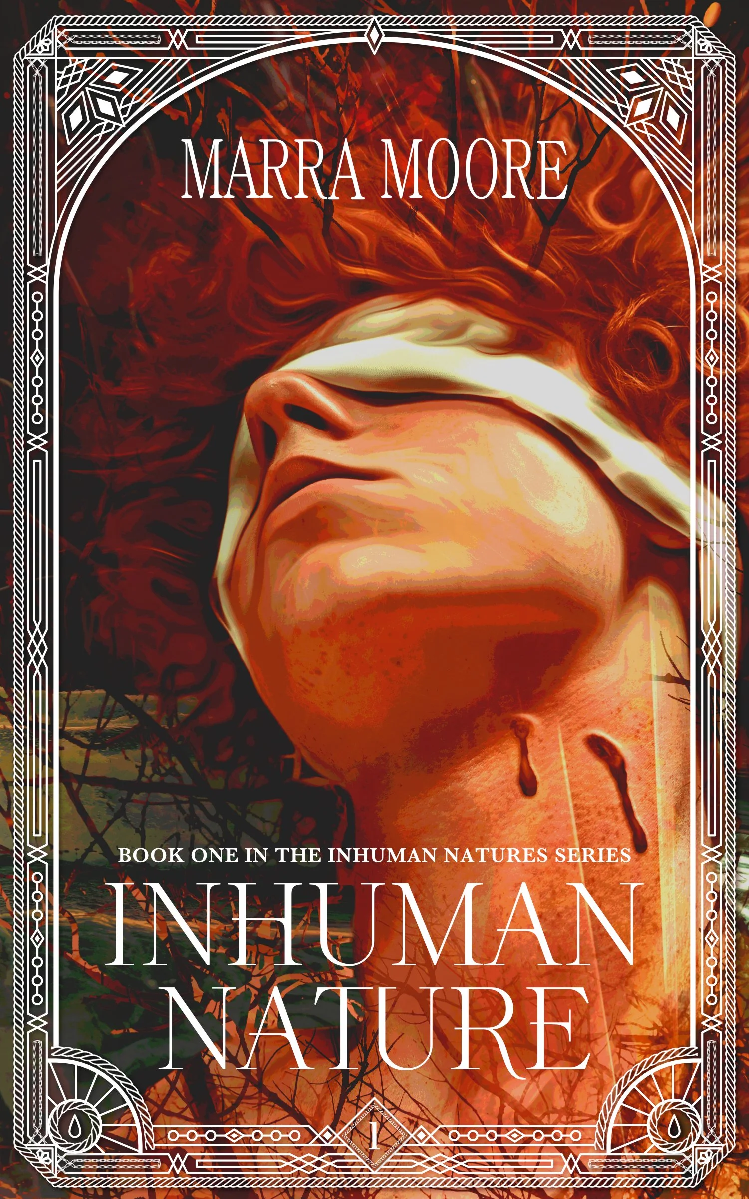 Book cover for 'Inhuman Nature' by Marra Moore, featuring a close-up of a woman's face with red hair, a blindfold, and a background of dark, tangled branches and fire-like colors, with intricate border designs.