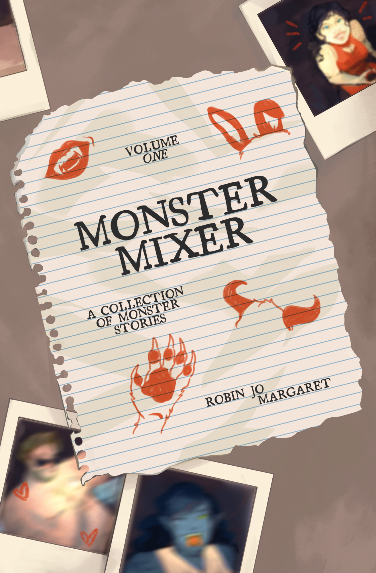 A torn piece of notebook paper titled 'Monster Mixer,' Volume One, featuring illustrations of a red monster paw print, horns, and a claw. The paper is surrounded by Polaroid photos of characters with monster-like features, such as horns and claws.