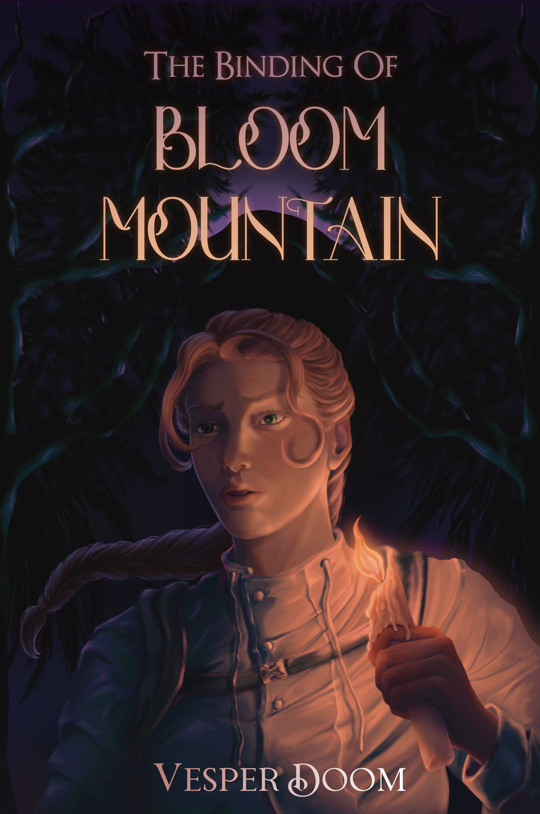 Book cover titled 'The Binding of Bloom to Mountain' by Vesper Doom featuring an illustration of a young woman with red hair, wearing a medieval or fantasy-style outfit, holding a torch in her hand, with a dark background and large dark leaves.