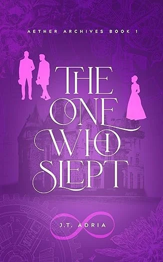Purple book cover titled 'The One Who Sleft' by J.T. Adria. The cover features silhouettes of a man and woman walking and a woman standing, with a background of faint architectural and clockwork designs, and a darker purple pattern at the top.
