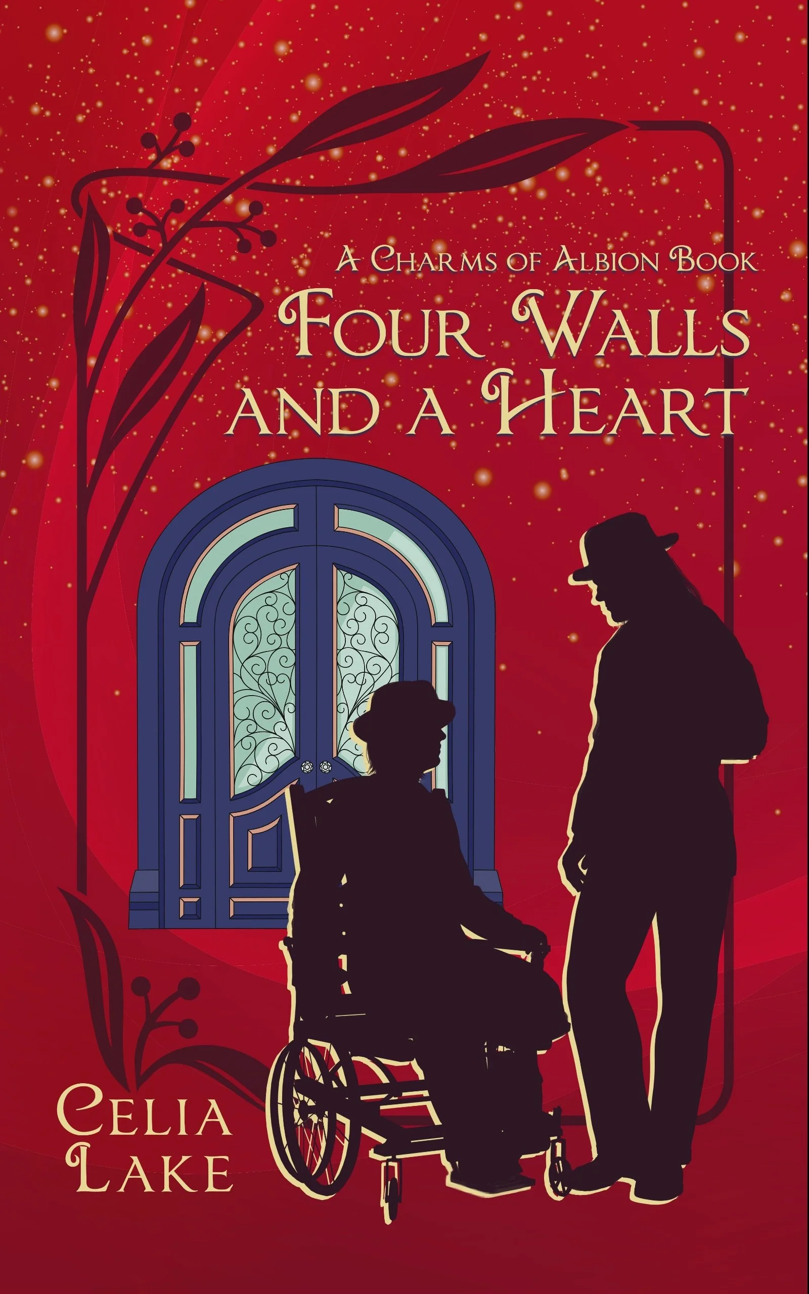Book cover titled 'A Charms of Albion Book: Four Walls and a Heart' showing silhouettes of two people, one in a wheelchair, in front of a blue door with intricate glass design against a red background with stars