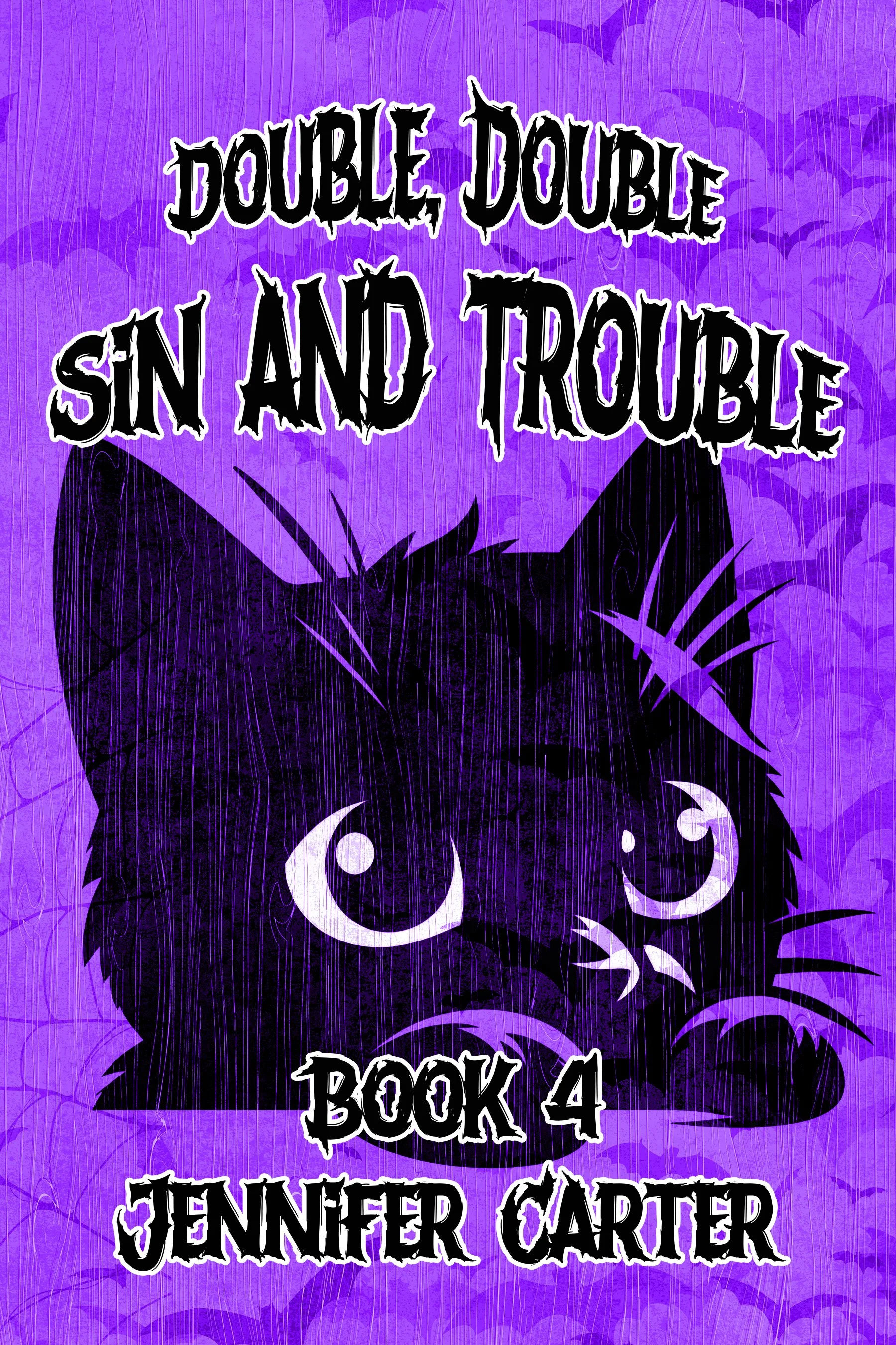 Book cover titled "Double Double Sin and Trouble" by Jennifer Carter, featuring a black cat with large eyes set against a purple background with a subtle pattern.