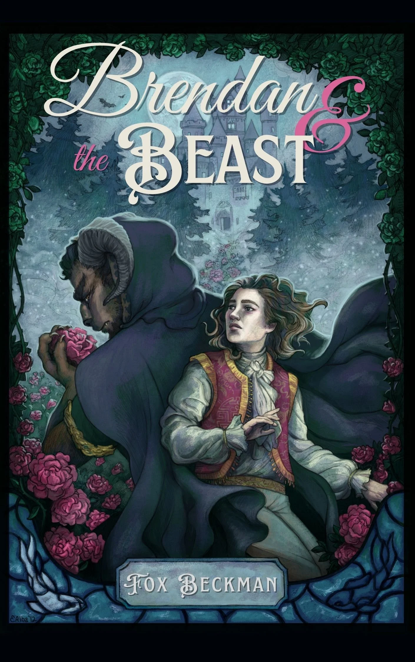Book cover for 'Fox Beckman' featuring a man with ram's horns and a young woman in medieval clothing, surrounded by roses and a castle in the background.