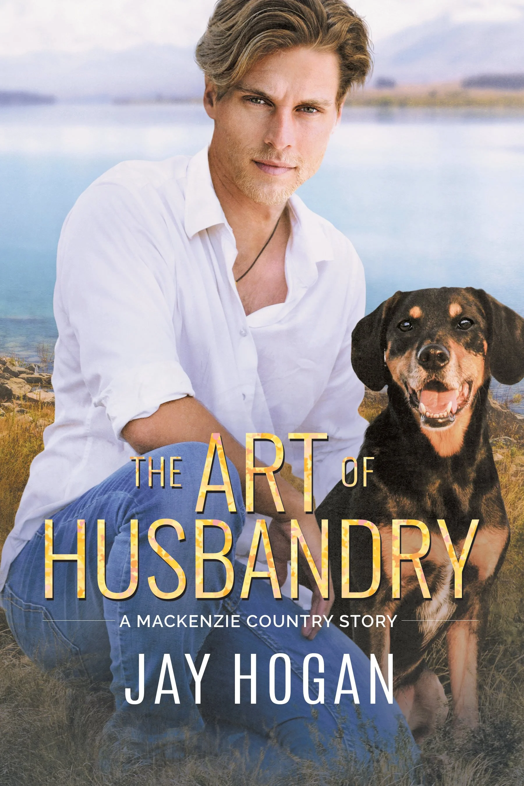 Book cover titled 'The Art of Husbands' by Jay Hogan, featuring a man with blond hair and a dog, outdoors near water with mountains in the background.