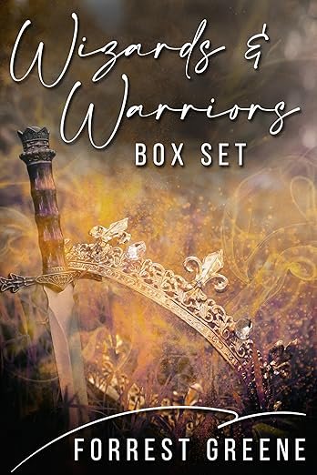 Book cover titled 'Wizards & Warriors Box Set' by Forrest Greene, featuring a sword and a gold-colored crown with a mystical background.