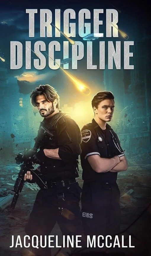 Poster for the movie 'Trigger Discipline' featuring two police officers, a man with a gun and a woman with crossed arms, set in a city with meteor streaks in the sky.