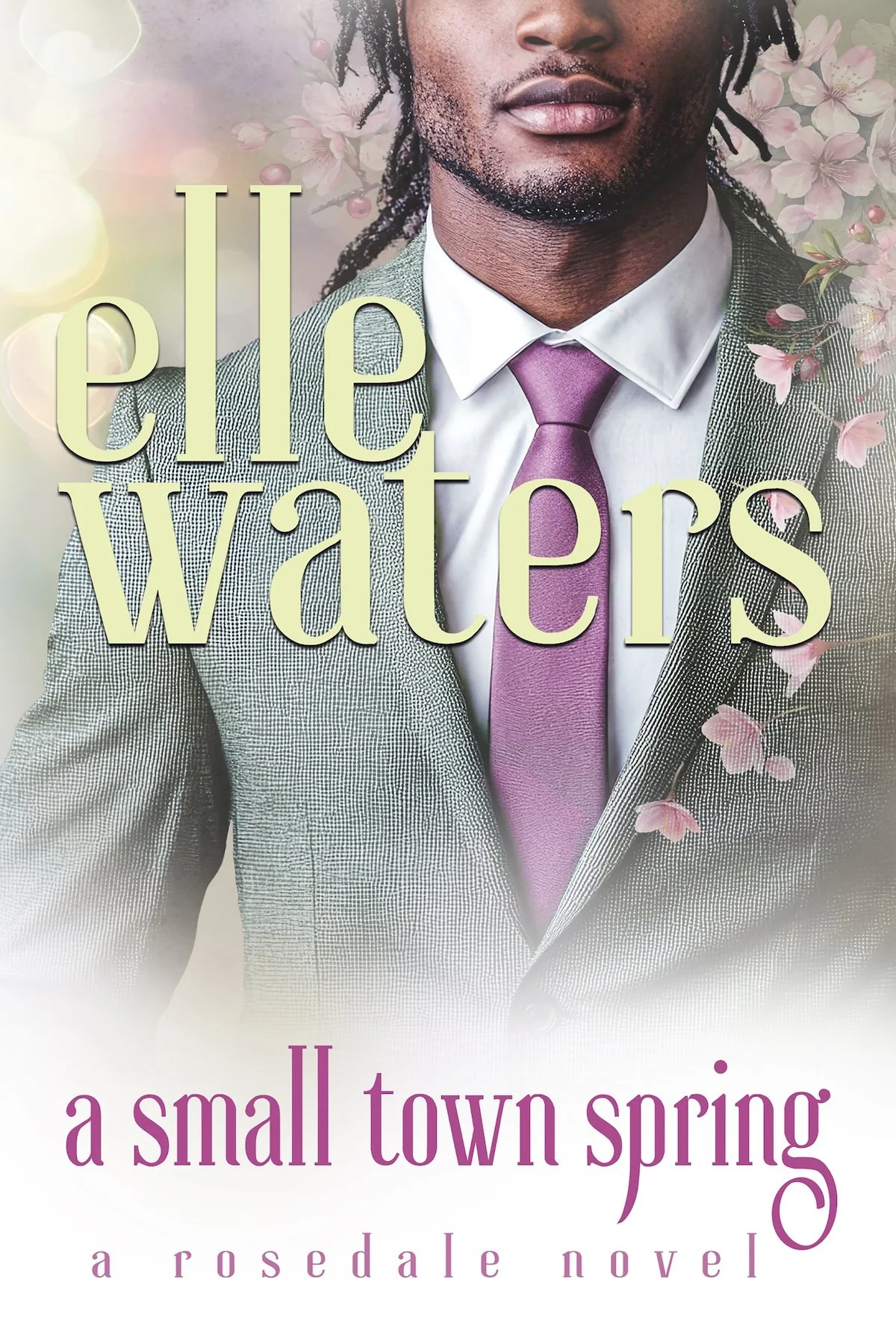 The book cover features a close-up of a man in a light checkered suit with a white shirt and a purple tie. The background has floral designs and soft pastel colors. The title reads 'The Waters' and the subtitle 'A Small Town Spring'.