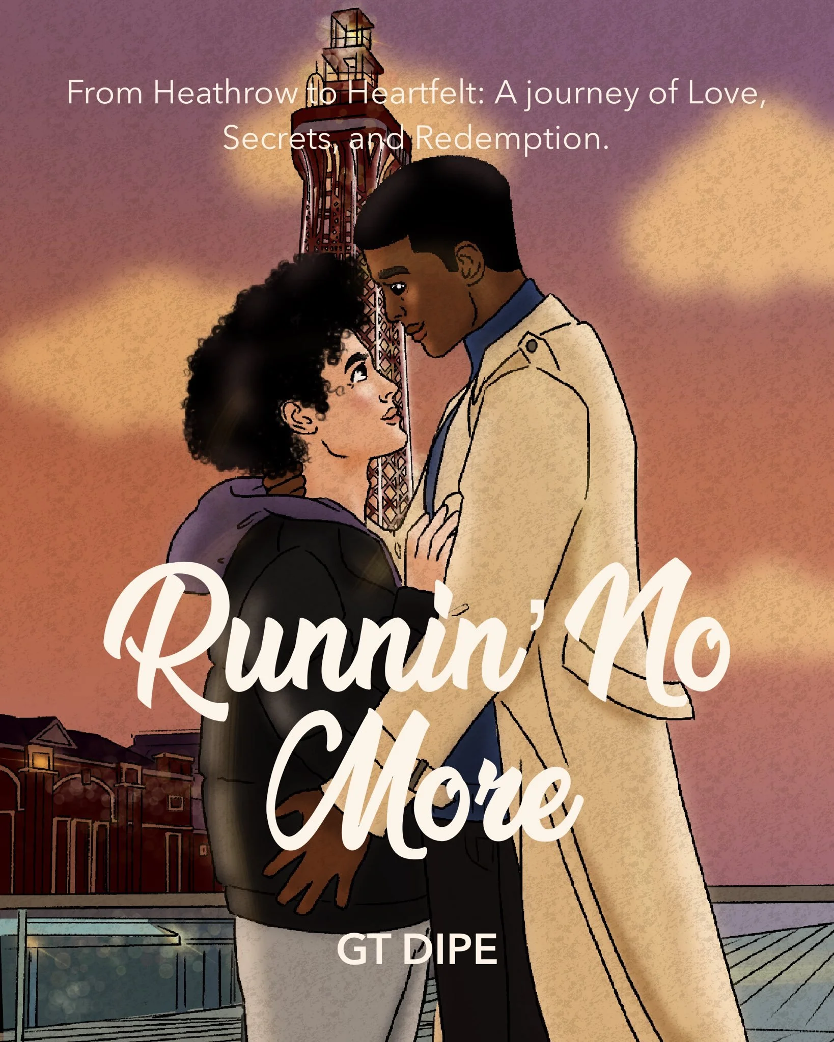 An illustration of a couple standing close together at sunset with the London Eye in the background. The woman has curly hair and is wearing a hoodie, and the man has short hair and is wearing a beige coat. There is decorative text overlay that reads "Running Home" and "GT DIPE."