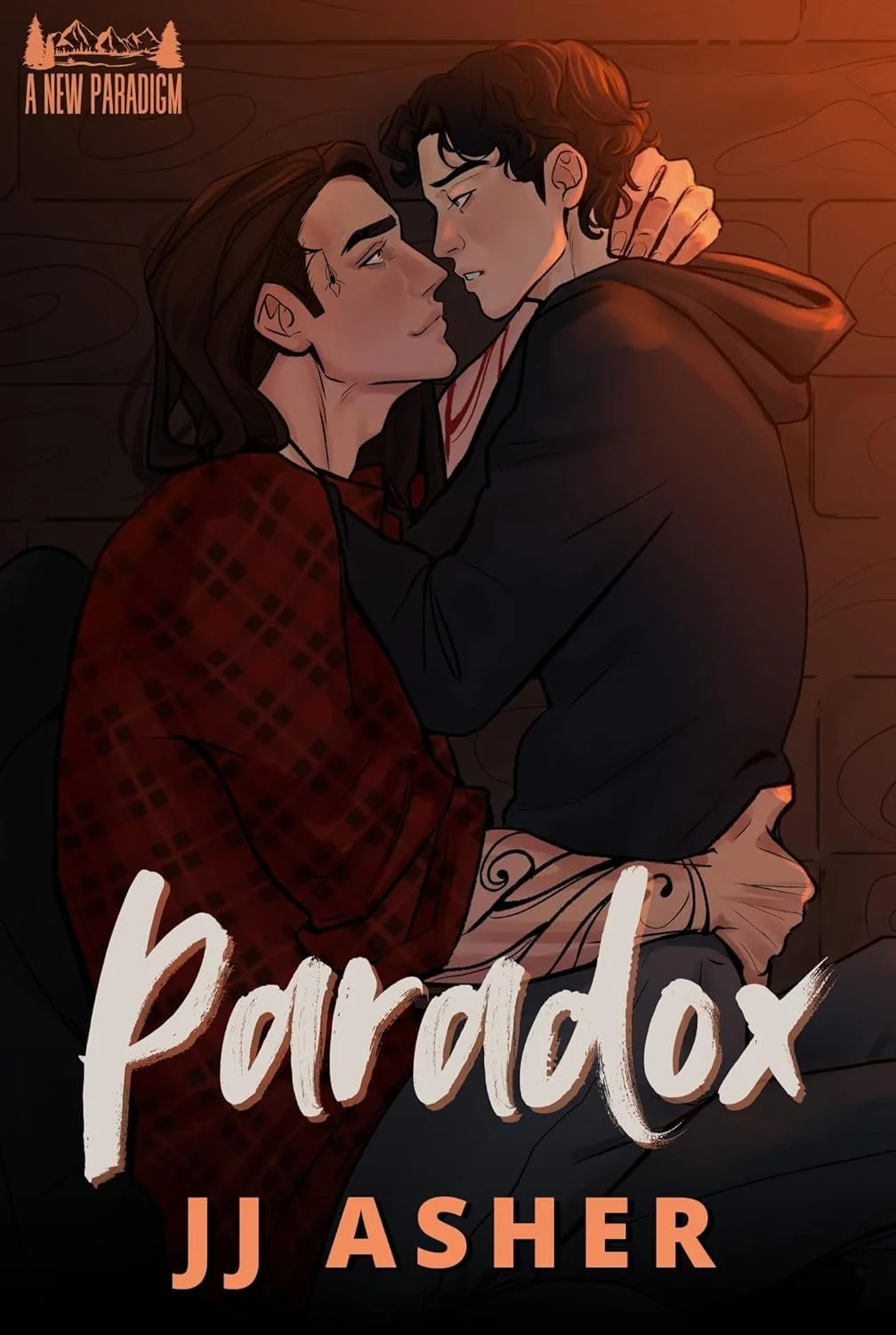 Illustration of two young men closely embracing, gazing into each other's eyes, with warm, intimate expressions. One has dark brown hair, the other has curly black hair. The background is a wooden wall with a warm glow. The title 'Paradox' is written at the bottom and the author's name 'JJ Asher' is below it.