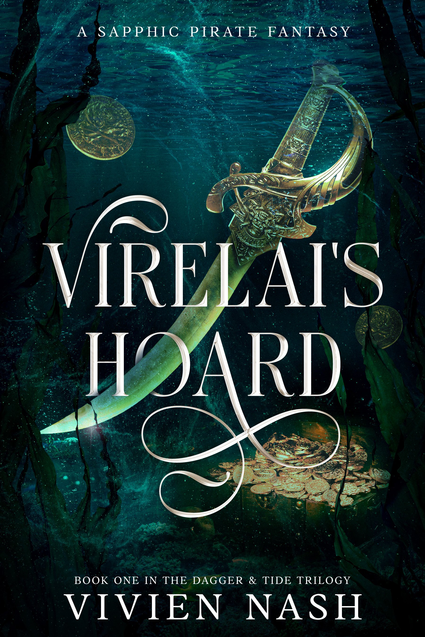 Book cover titled 'Virelais Hoard' featuring a pirate sword with a gold hilt and a curved blade, underwater with gold coins, seaweed, and a sunken coin in the background.