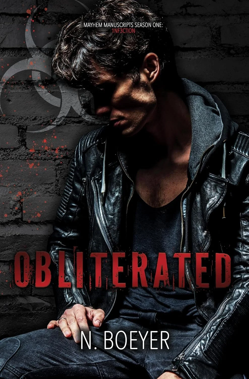 Book cover for 'Obliterated' by N. Boeyer, showing a young man with dark hair, wearing a black leather jacket and a gray hoodie, sitting against a dark brick wall with a shadowed face, and red blood splatter design.