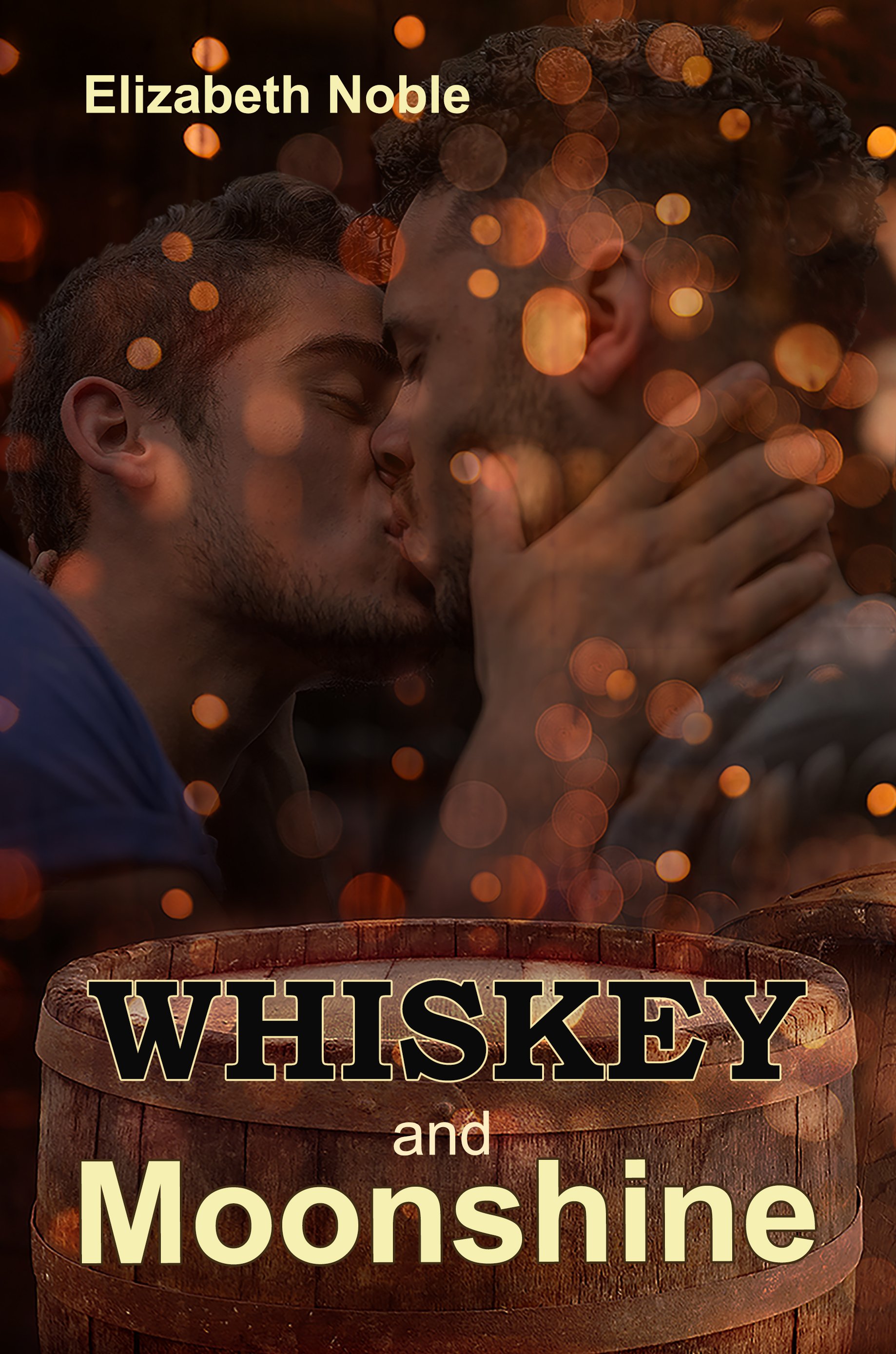 Two men are sharing a tender moment, leaning in for a kiss with eyes closed, surrounded by warm, colorful bokeh lights. The background is dark with glowing orbs, and the bottom features a wooden barrel with the words "WHISKEY and Moonshine" in bold, vintage-style font.