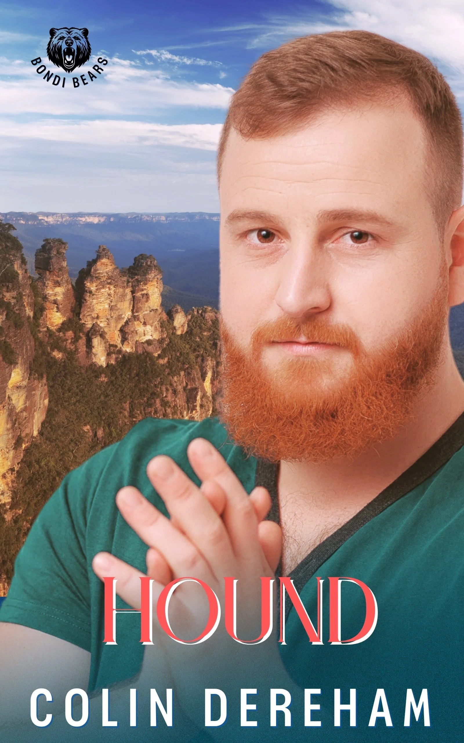 A man with a red beard and short hair, wearing a green shirt, is standing in front of a scenic mountain landscape with cliffs and forests. There is a logo of a bear's head with the text 'Bondi Bears' in the top left corner. The book title 'Hound' and author 'Colin Dereham' are displayed at the bottom.