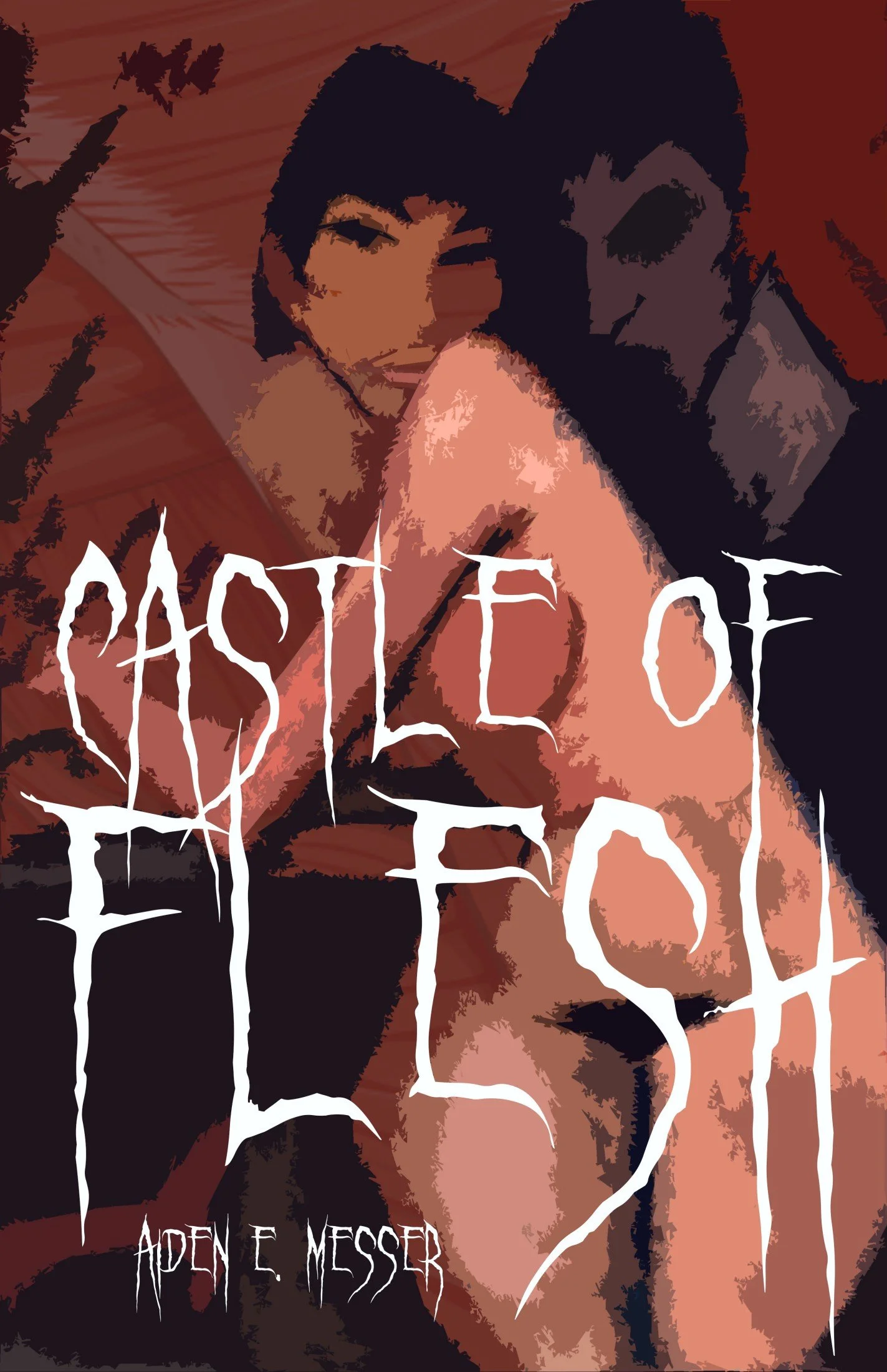 Digital illustration for a book cover titled "Chase of Feelings" by Aden E. Messer. The cover features a stylized, abstract portrait of three people close together with intense expressions, painted in dark, muted colors with prominent brush strokes. The title is written in large, jagged white text.