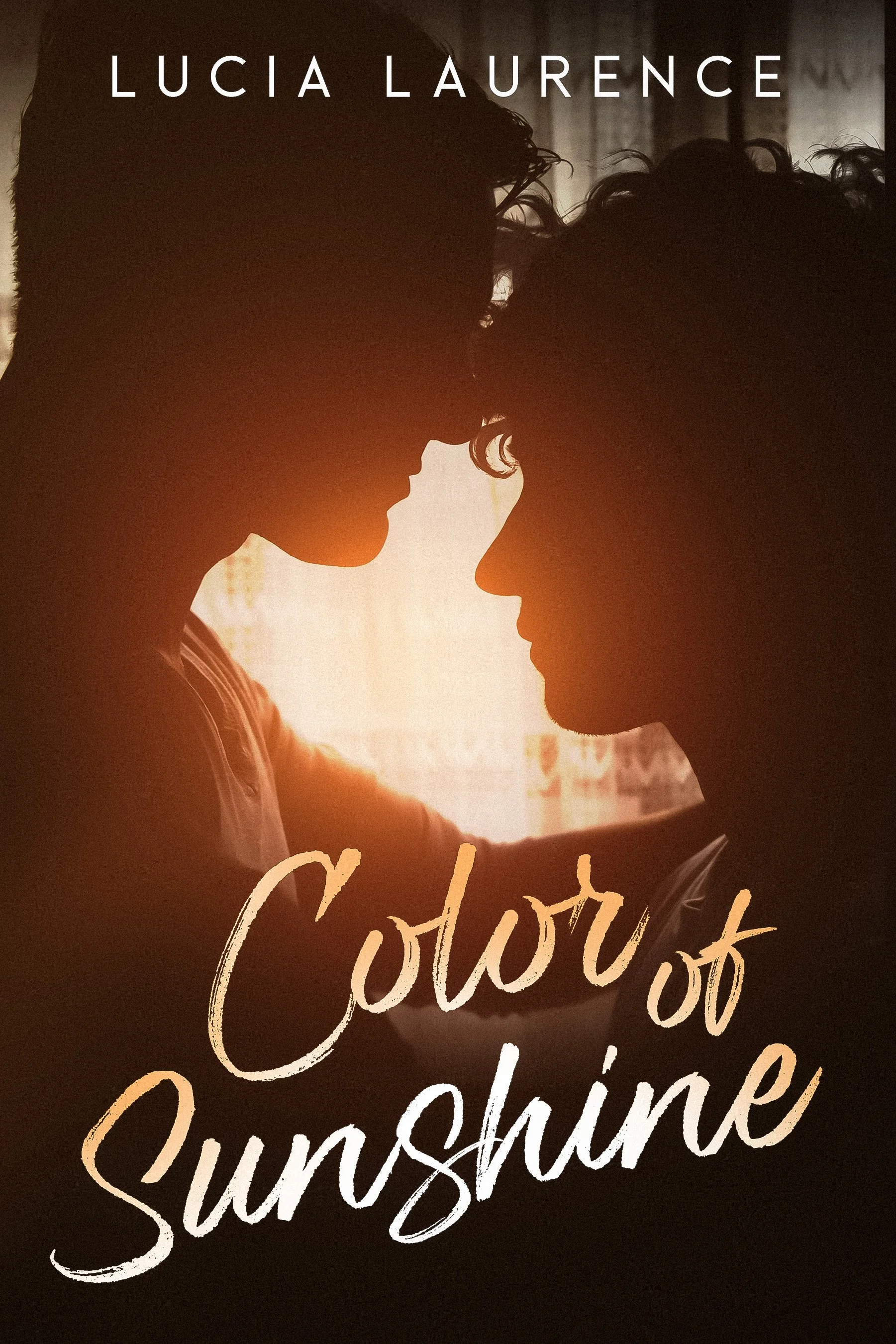 Silhouette of a couple pressing foreheads together in front of a sunset, with text 'Lucia Laurence' at the top and 'Catching Autumn' at the bottom.