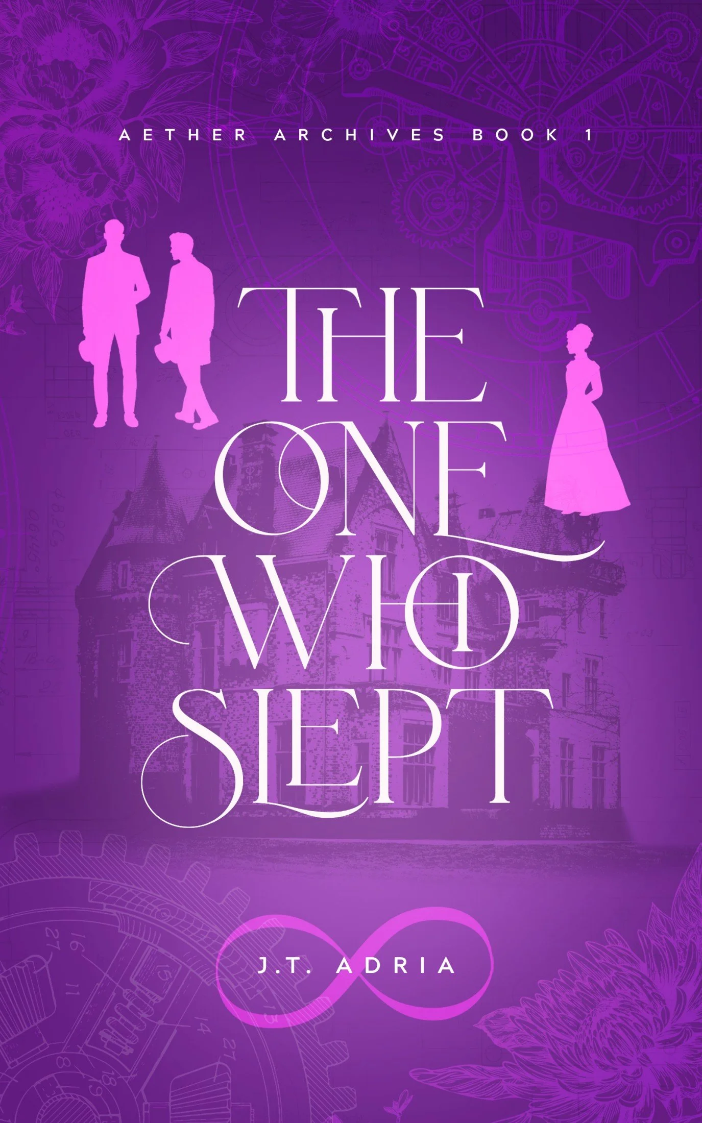 Book cover titled 'The One Who Sleep' by J.T. Adria with a purple background, silhouettes of a man and woman, a manor house, and clockwork and floral illustrations.