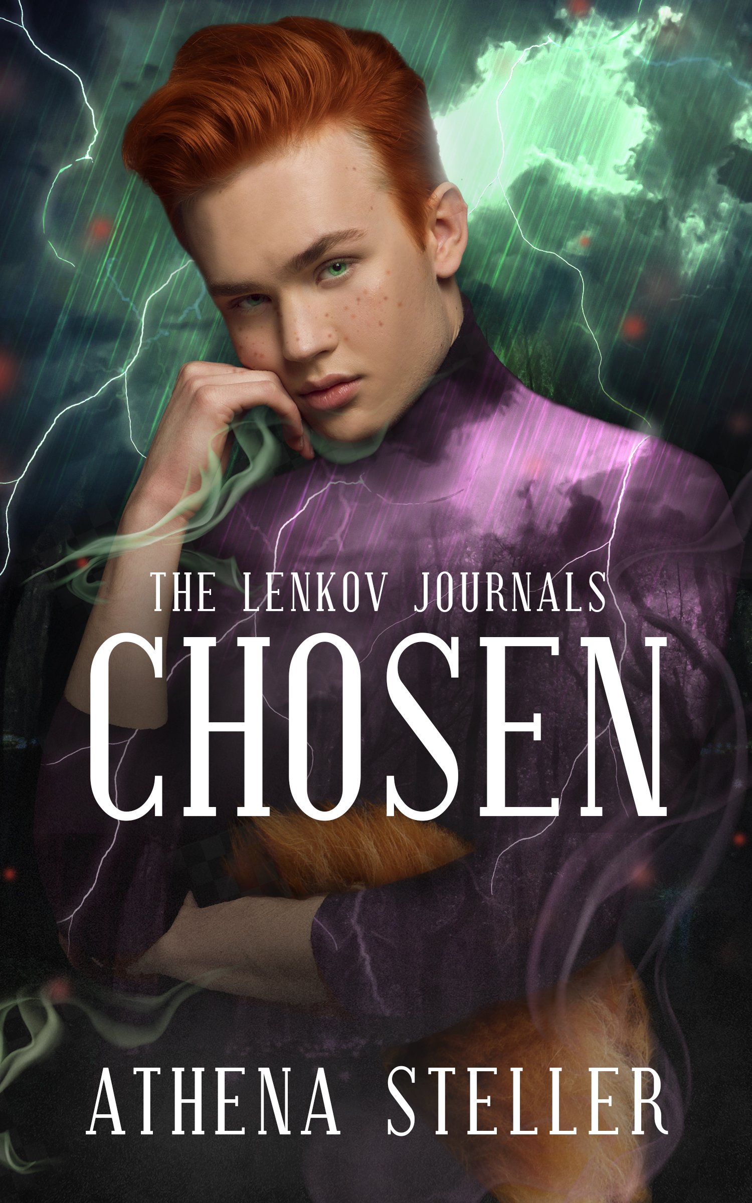 Book cover for 'Chosen' by Athena Steller featuring a young person with reddish hair and green eyes, with storm clouds, lightning, and rain in the background.