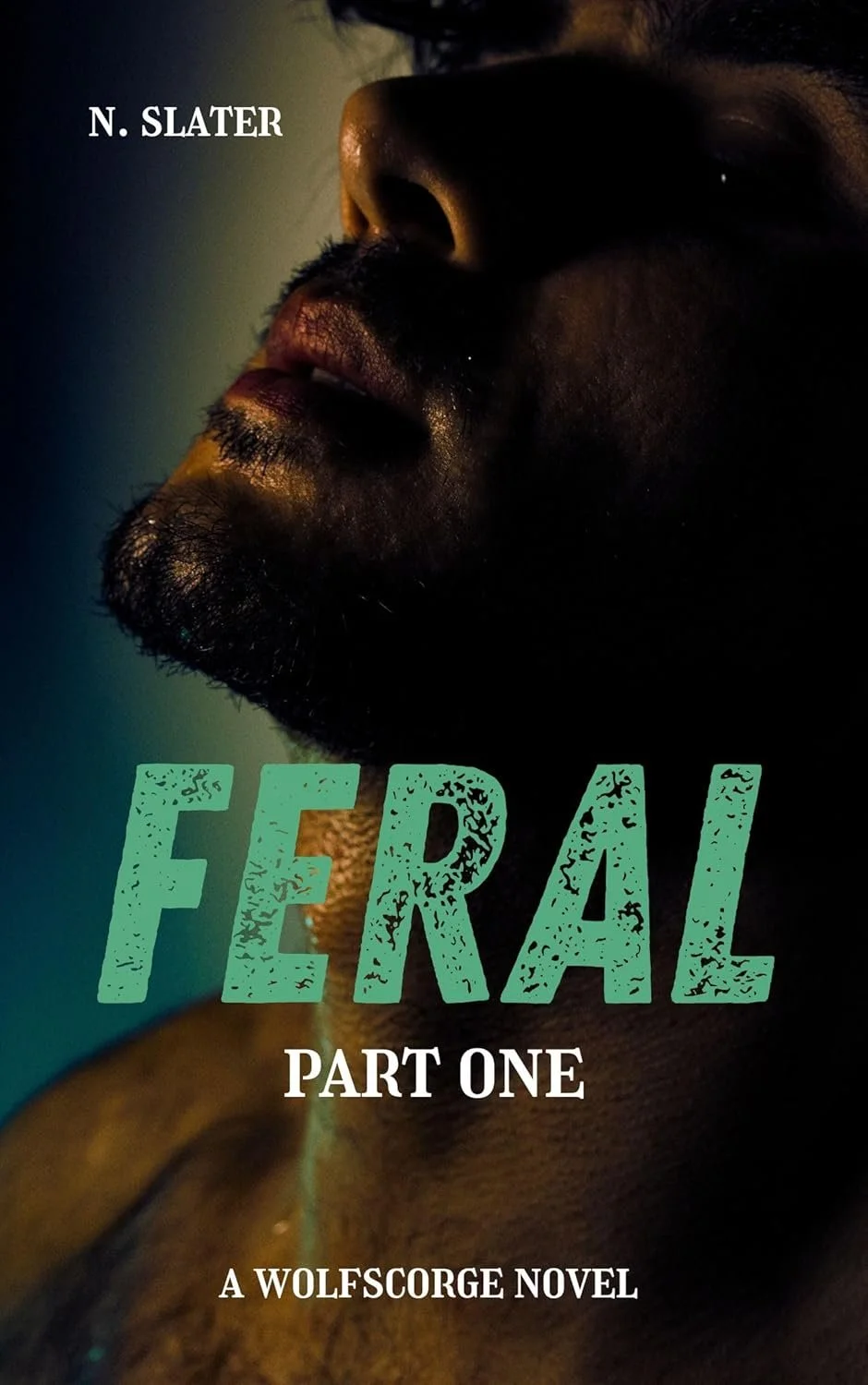 Close-up of a man's face, showing his lips, beard, and nose, with dramatic lighting. The text on the cover reads: 'N. Slater', 'Feral Part One', and 'A Wolfscorge Novel.'